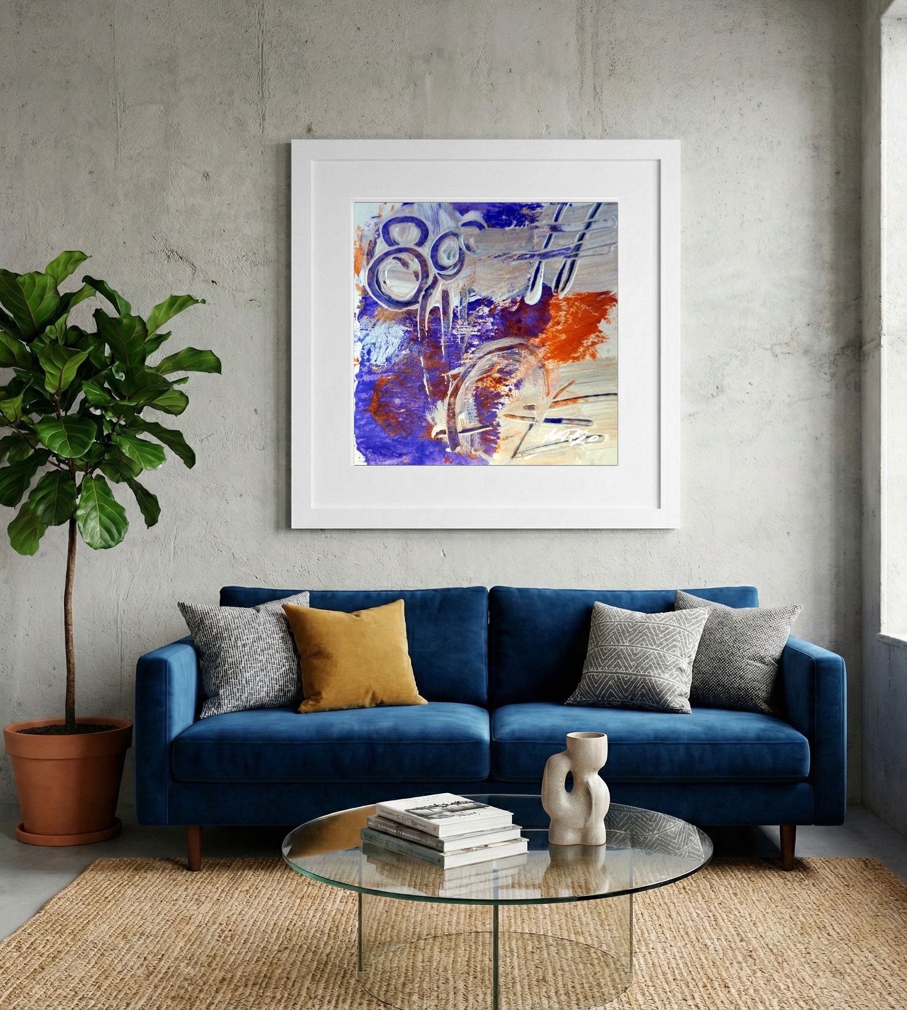 Violet and Orange Abstract on Paper — art on the wall, room interior preview 2