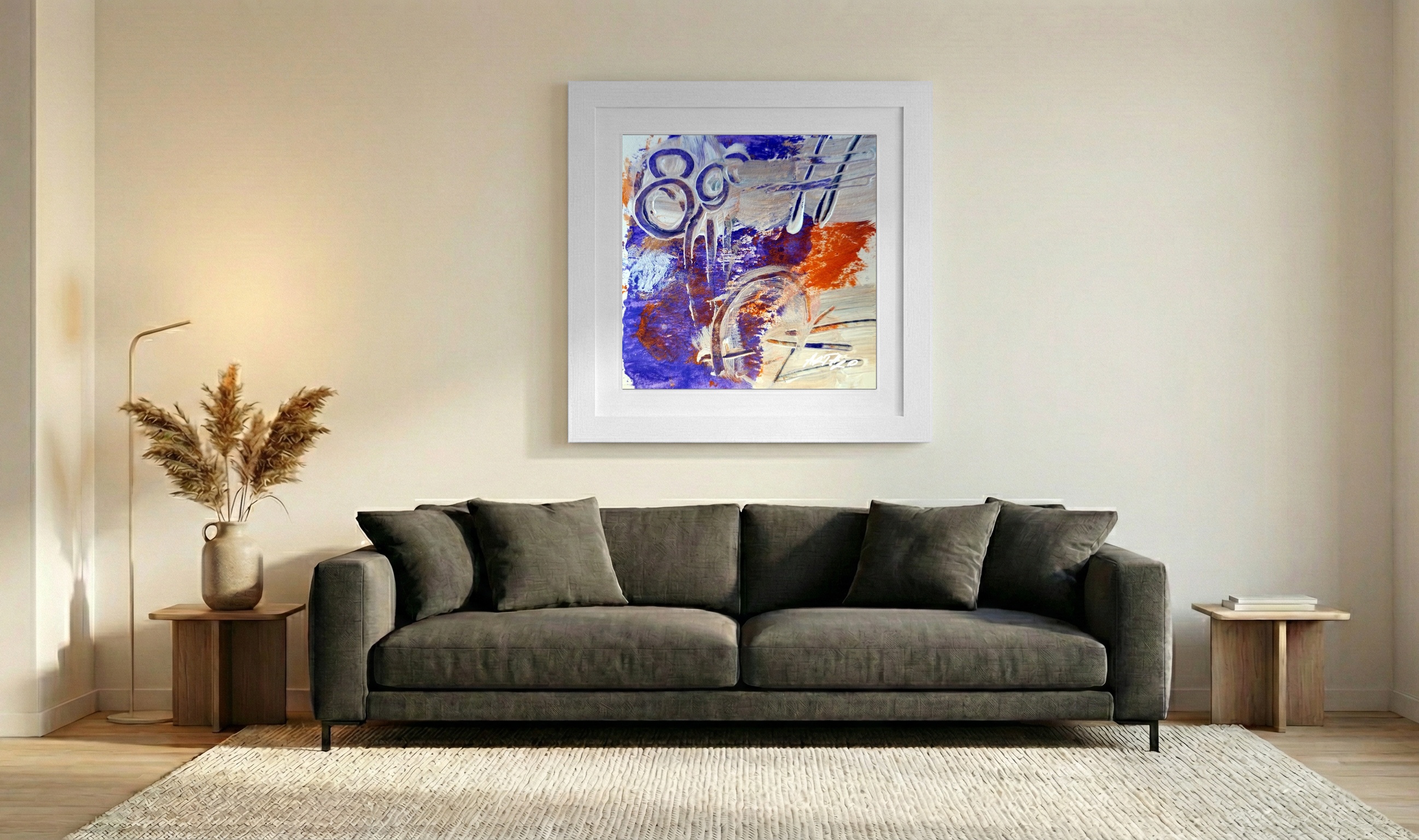 Violet and Orange Abstract on Paper — art on the wall, room interior preview 3
