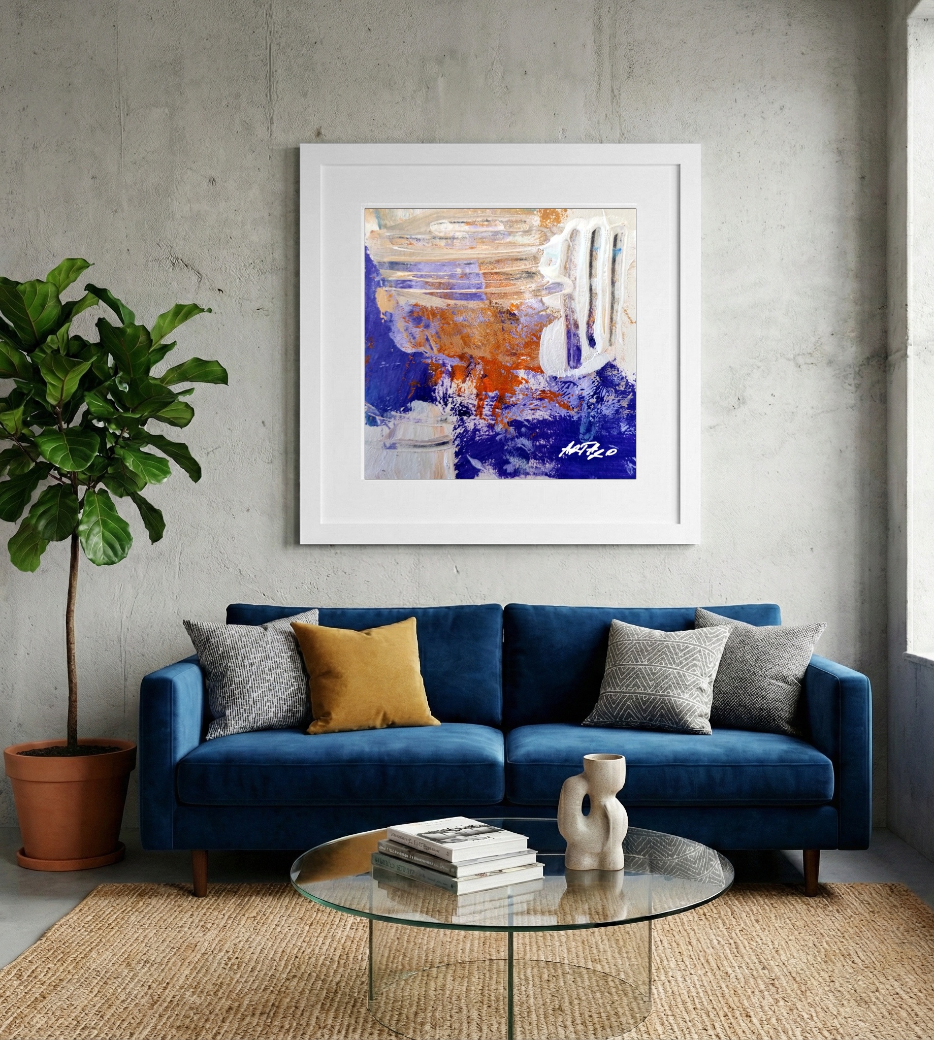 Vivid Purple and Orange Acrylic on Paper — art on the wall, room interior preview 2