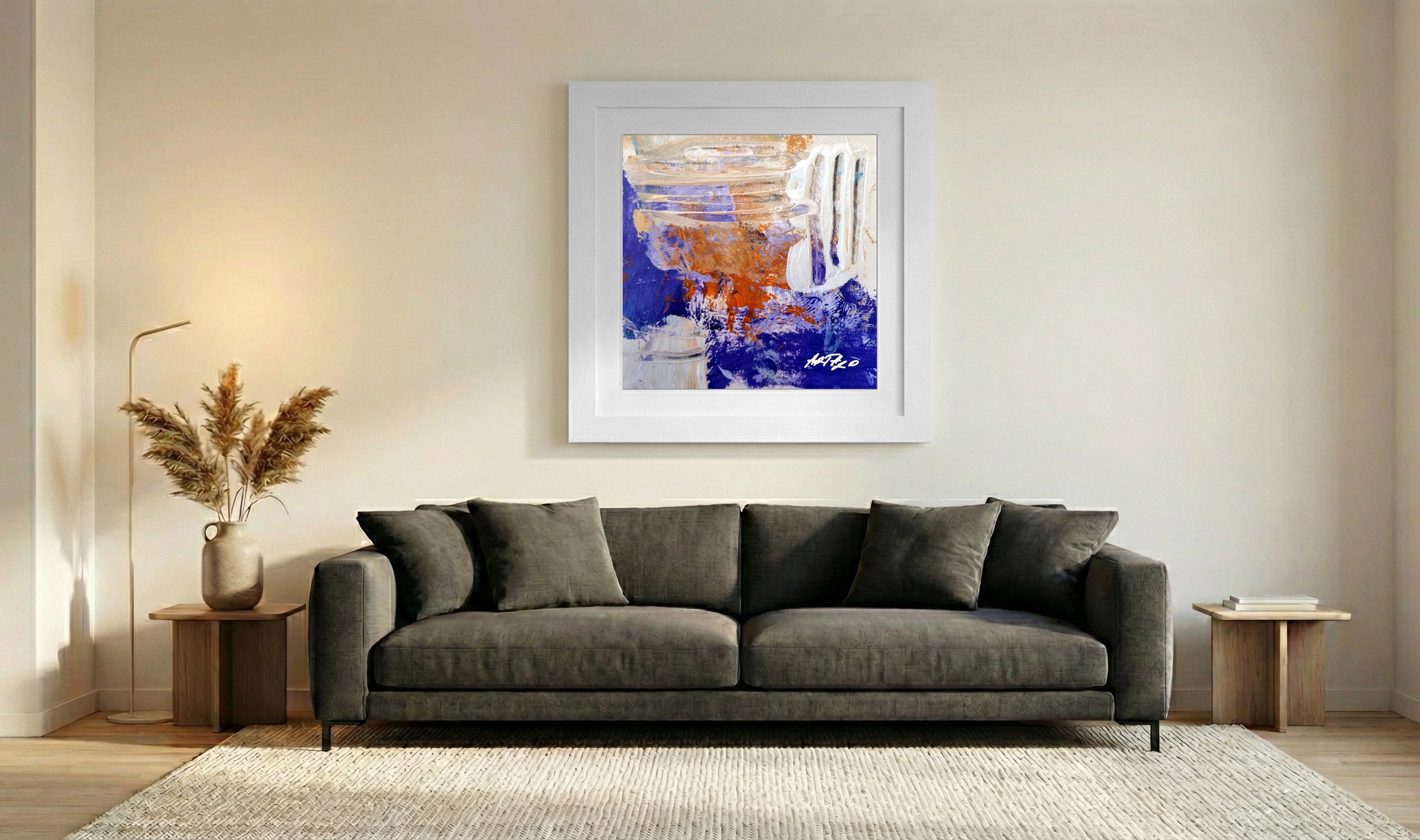 Vivid Purple and Orange Acrylic on Paper — art on the wall, room interior preview 3