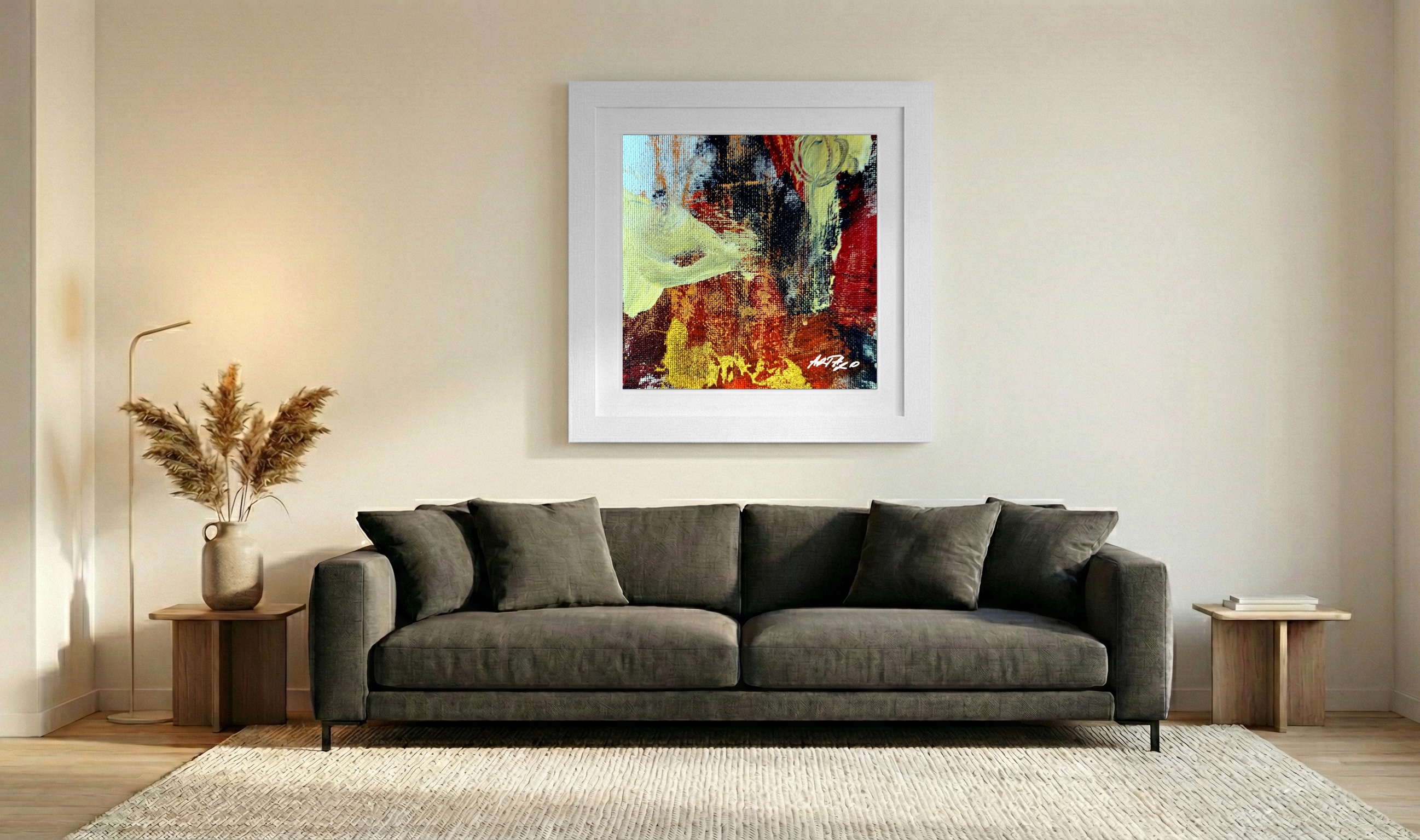 Crimson and Sunshine Abstract on Paper — art on the wall, room interior preview 3