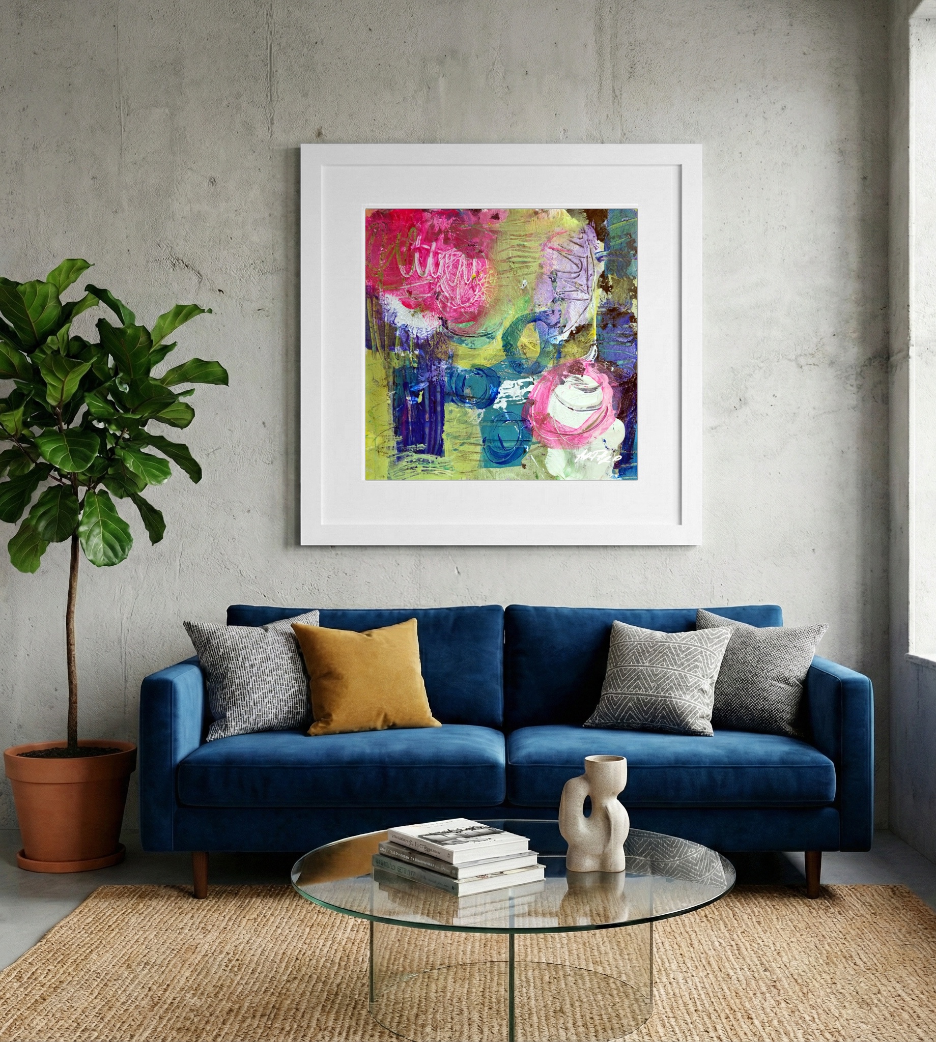 Bold Pink and Teal Abstract on Paper — art on the wall, room interior preview 2