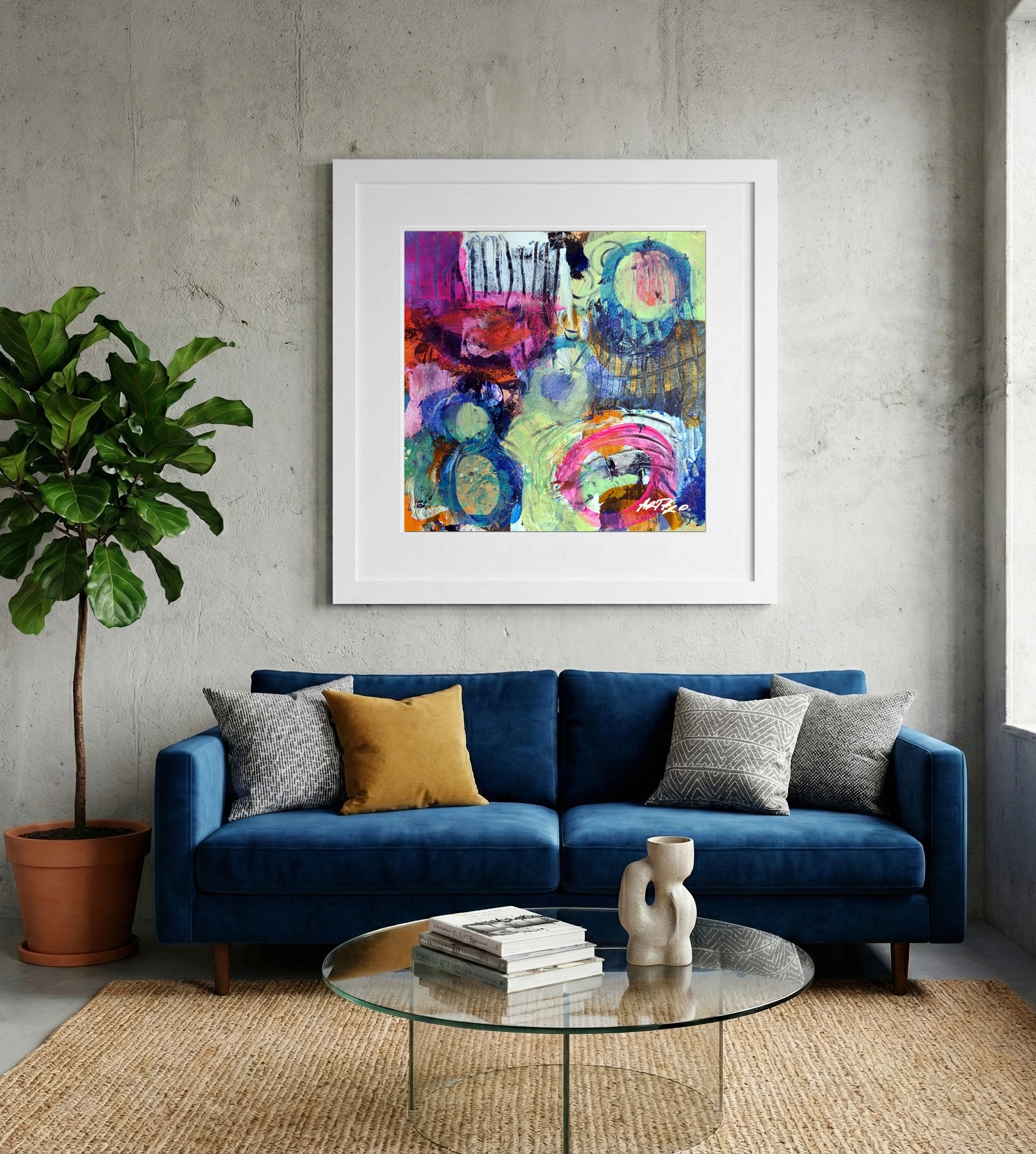 Vibrant Pink and Green Abstract on Paper — art on the wall, room interior preview 2