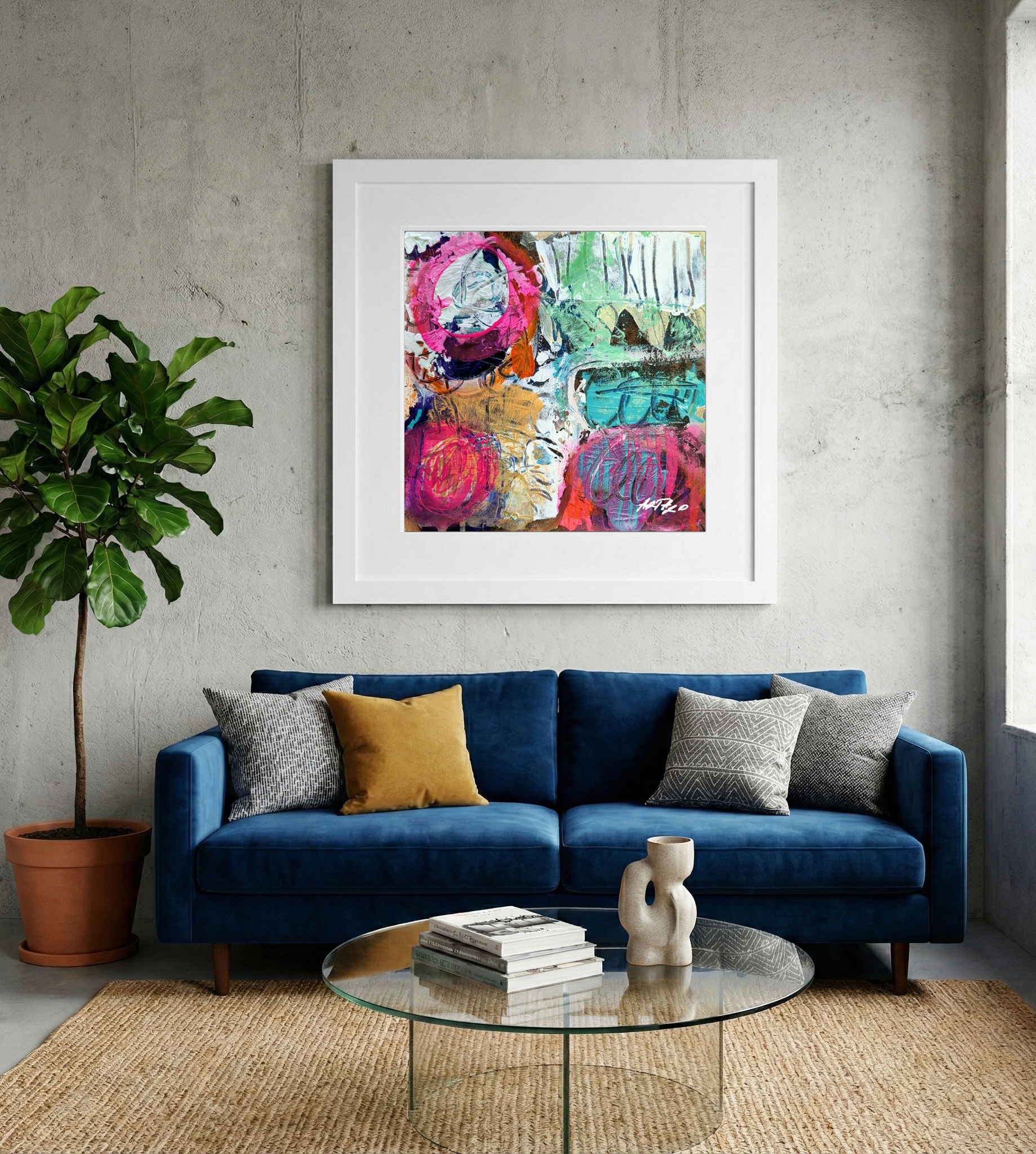 Bright Pink and Teal Abstract on Paper — art on the wall, room interior preview 2