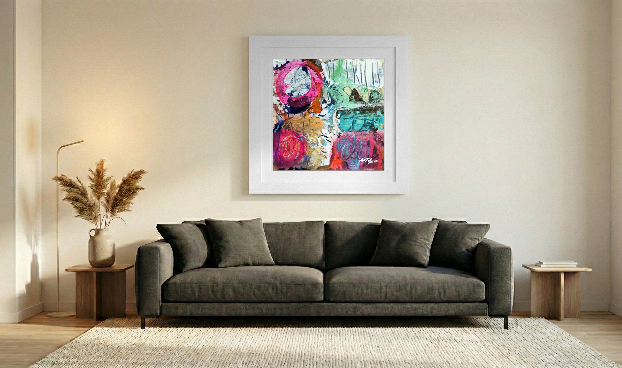 Bright Pink and Teal Abstract on Paper — art on the wall, room interior preview 3