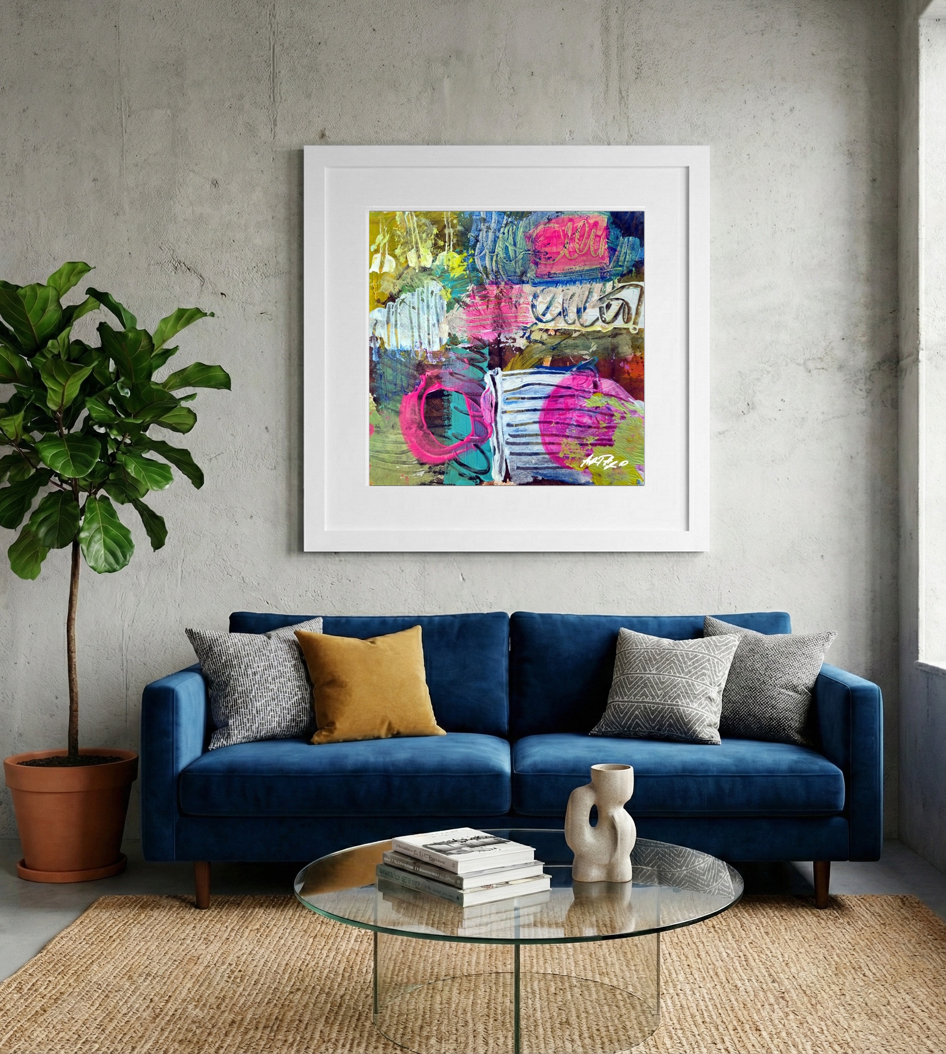 Vibrant Pink and Green Abstract on Paper — art on the wall, room interior preview 2