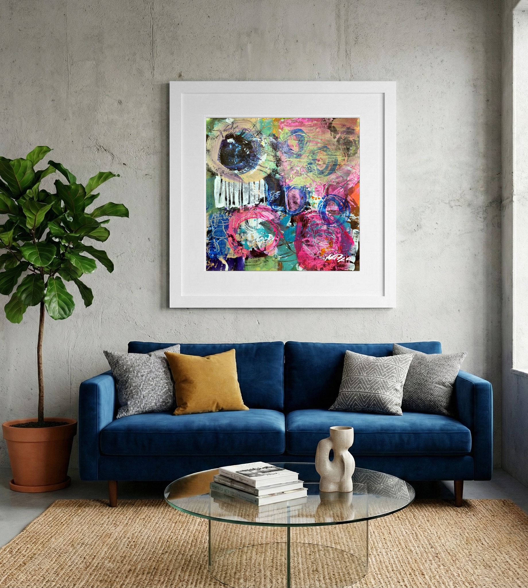 Cerulean and Pink Swirls on Paper — art on the wall, room interior preview 2