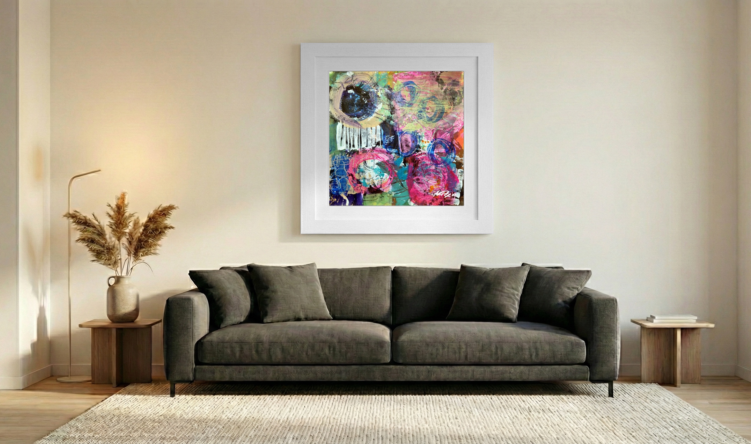 Cerulean and Pink Swirls on Paper — art on the wall, room interior preview 3