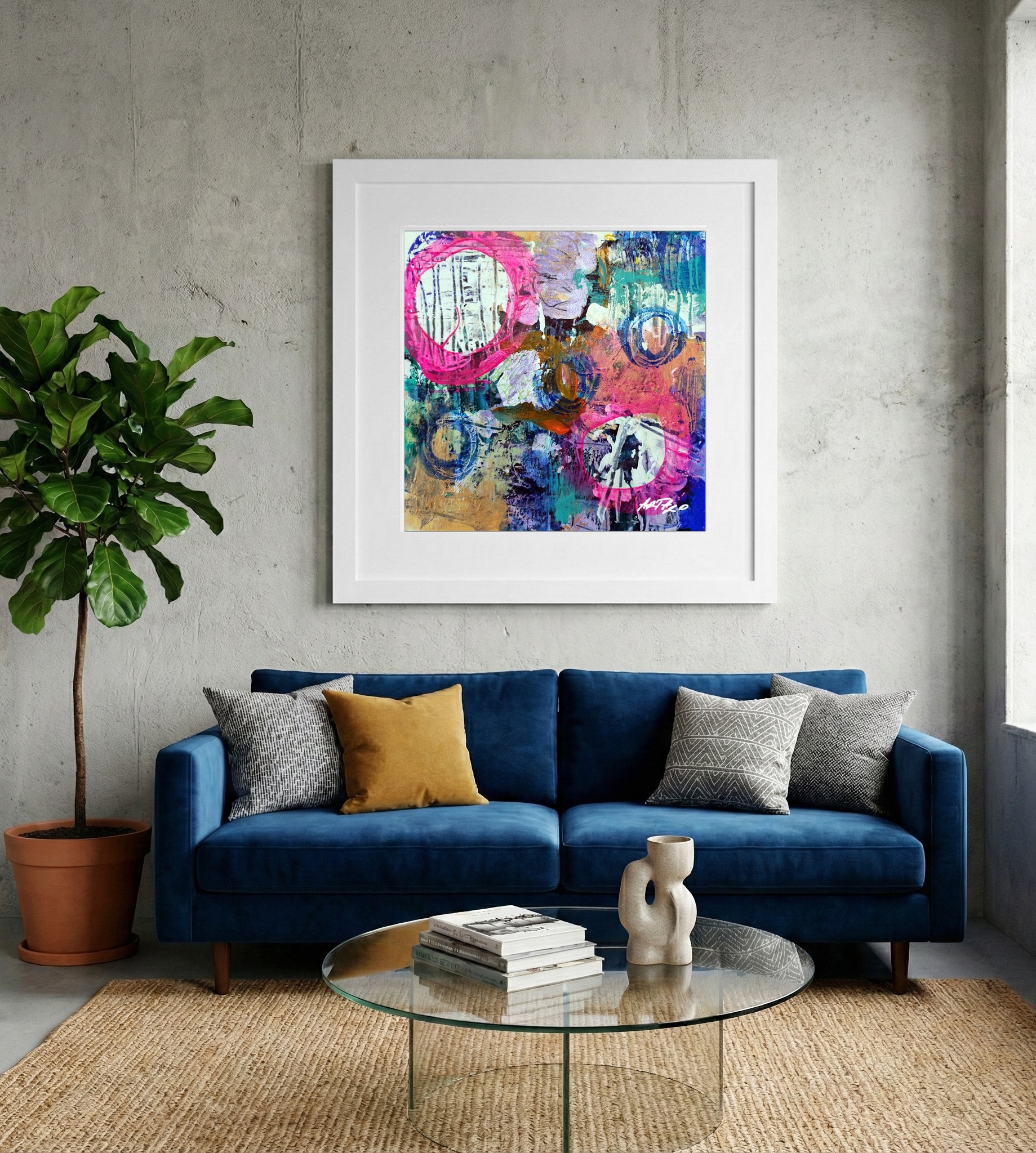 Vivid Pink and Teal Abstract on Paper — art on the wall, room interior preview 2
