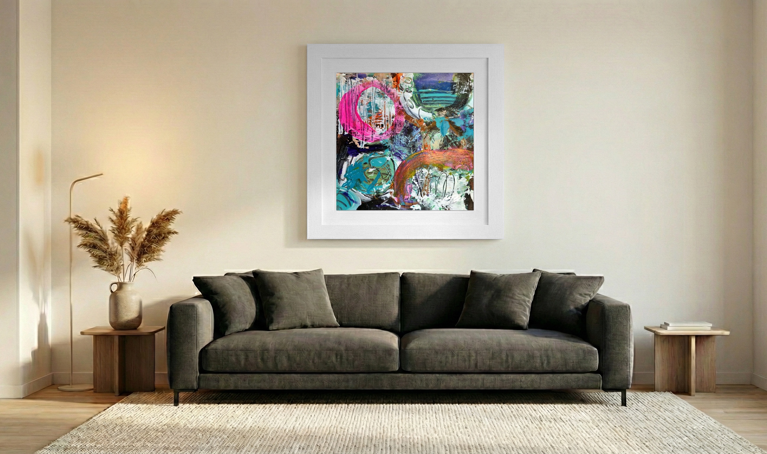 Playful Pink and Green Acrylic on Paper — art on the wall, room interior preview 3