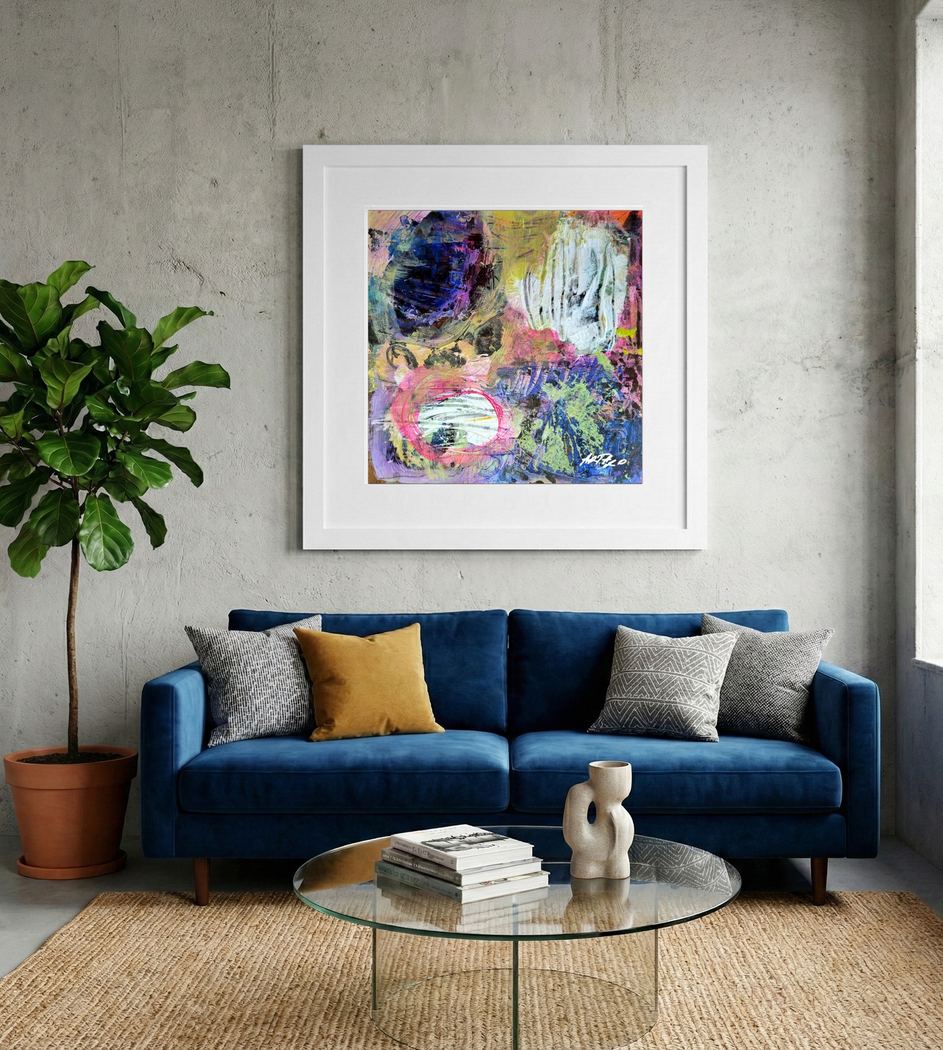 Bright Pink and Purple Acrylic Abstract on Paper — art on the wall, room interior preview 2