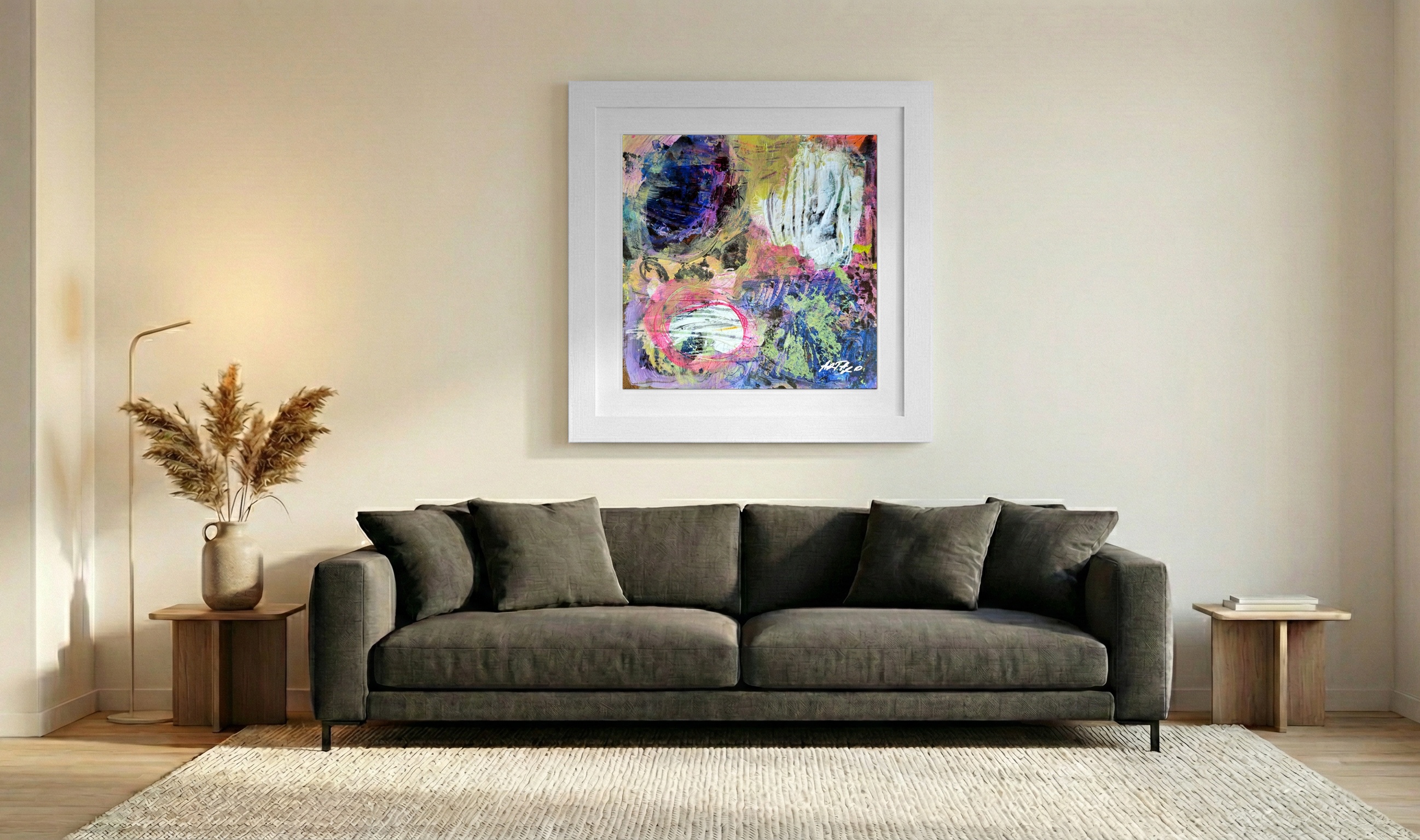 Bright Pink and Purple Acrylic Abstract on Paper — art on the wall, room interior preview 3