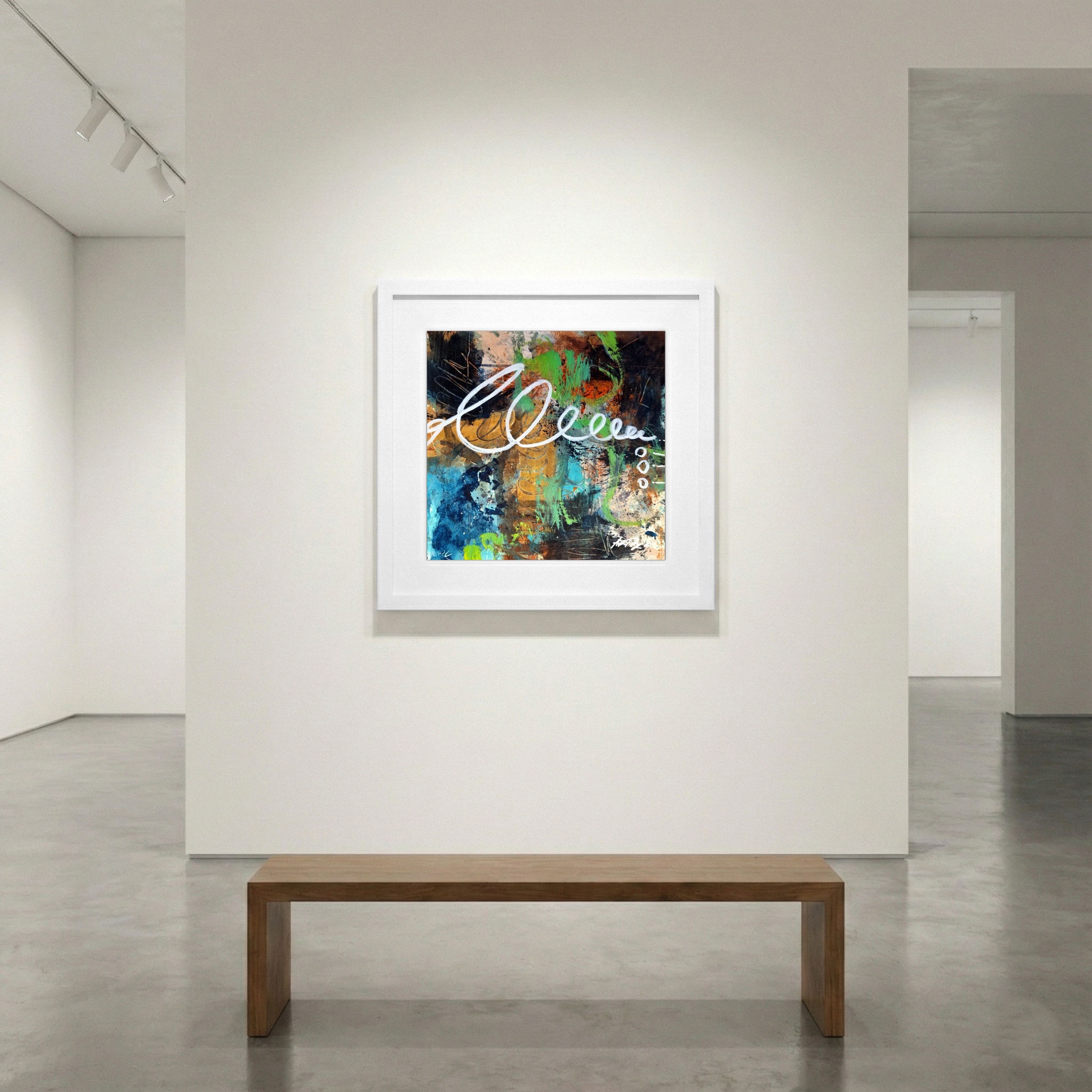 Turquoise and Orange Acrylic on Paper — art on the wall, room interior preview 1