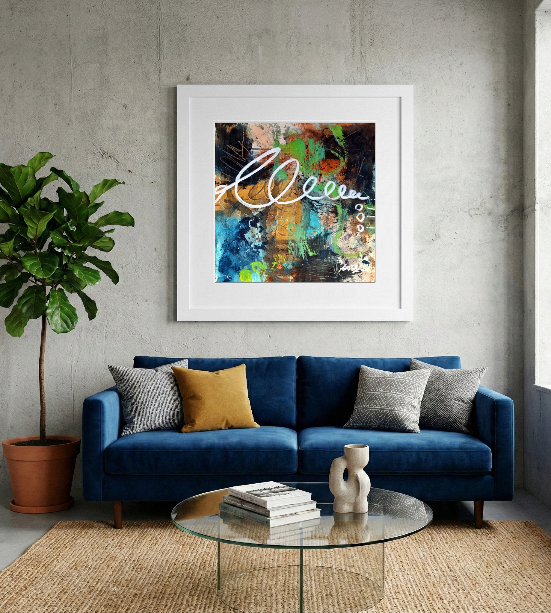 Turquoise and Orange Acrylic on Paper — art on the wall, room interior preview 2
