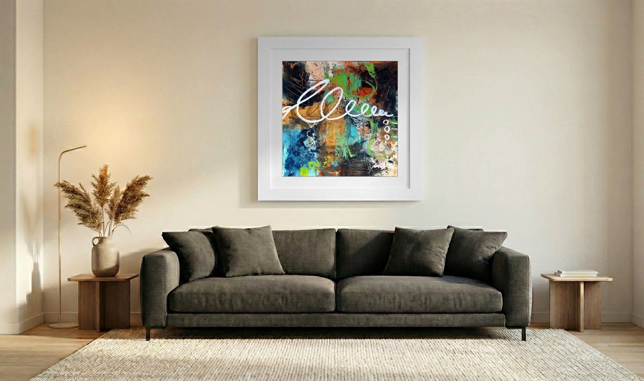 Turquoise and Orange Acrylic on Paper — art on the wall, room interior preview 3