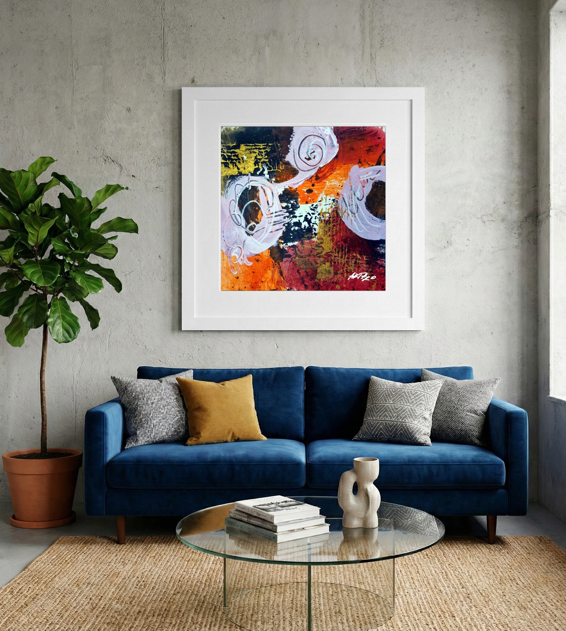 Burnt Orange and Pink Abstract on Paper — art on the wall, room interior preview 2