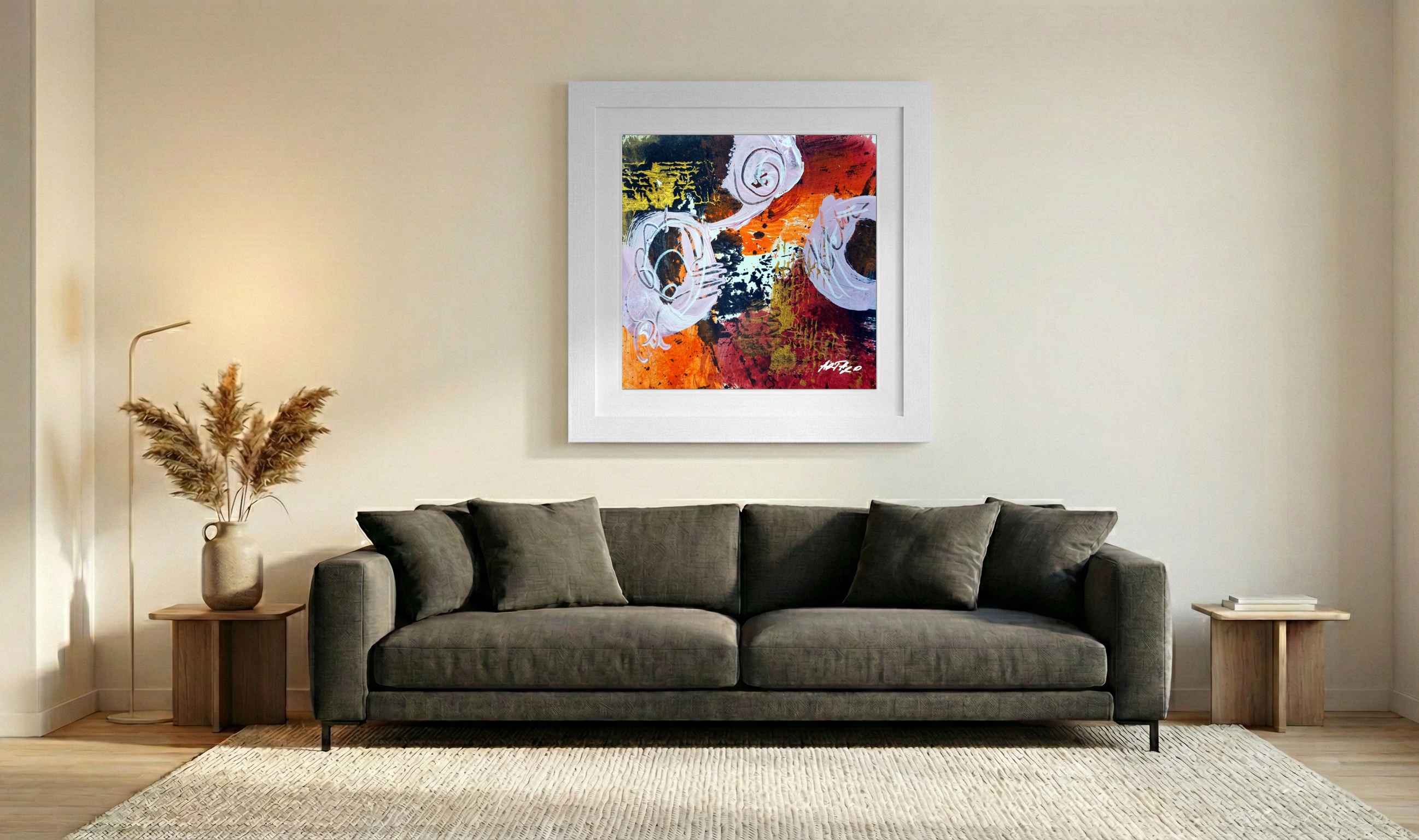 Burnt Orange and Pink Abstract on Paper — art on the wall, room interior preview 3