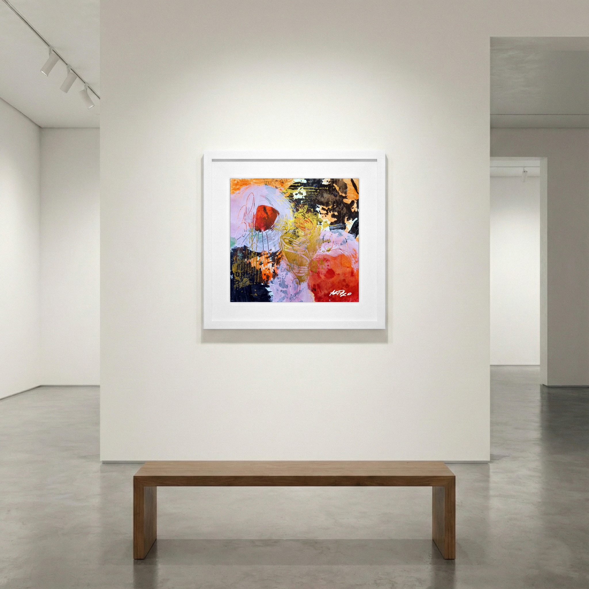 Coral Pink and Gold Abstract on Paper — art on the wall, room interior preview 1