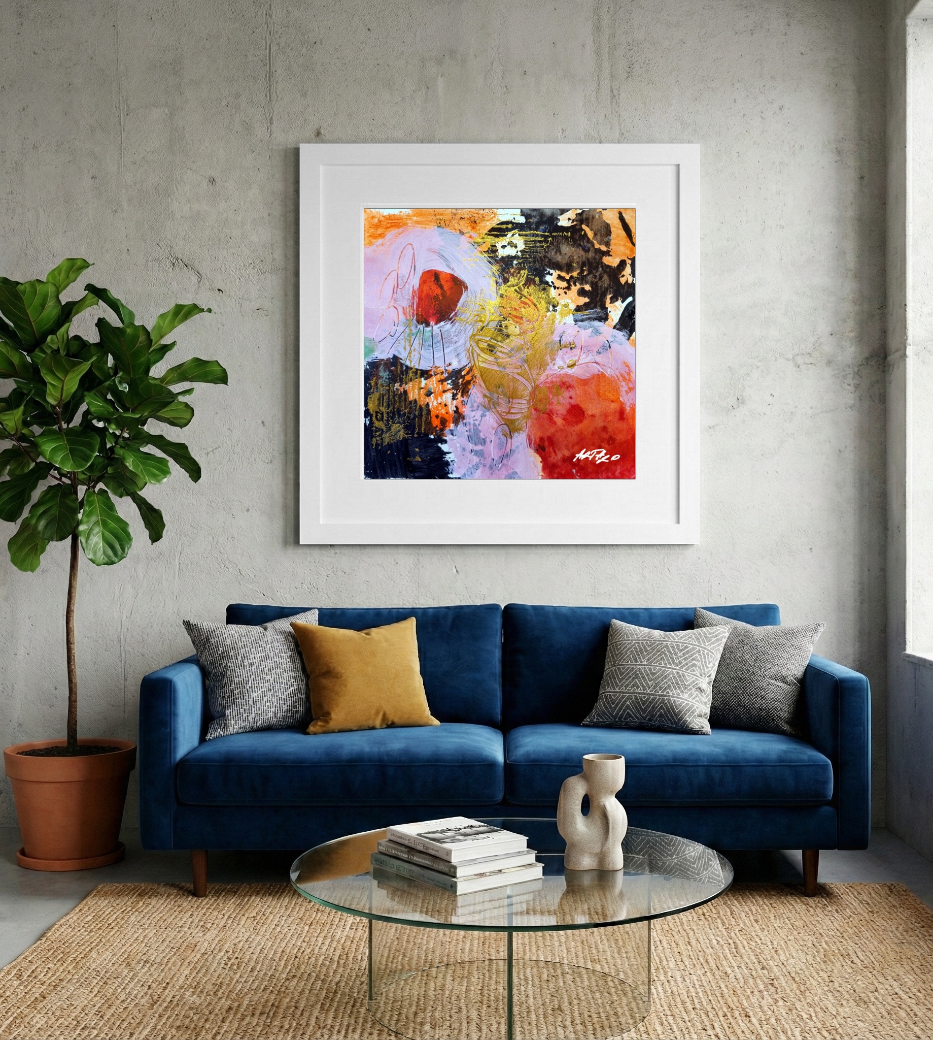 Coral Pink and Gold Abstract on Paper — art on the wall, room interior preview 2
