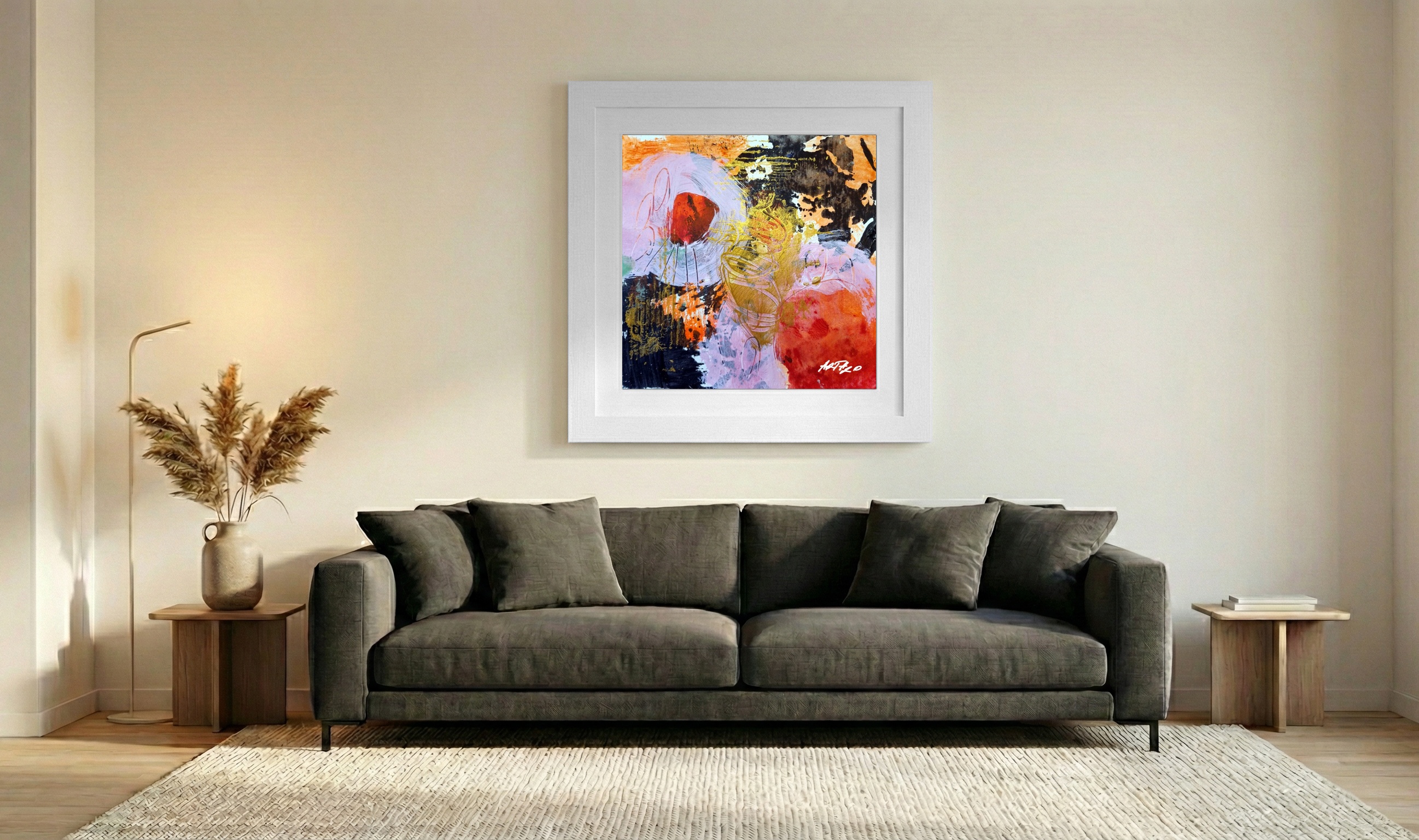 Coral Pink and Gold Abstract on Paper — art on the wall, room interior preview 3