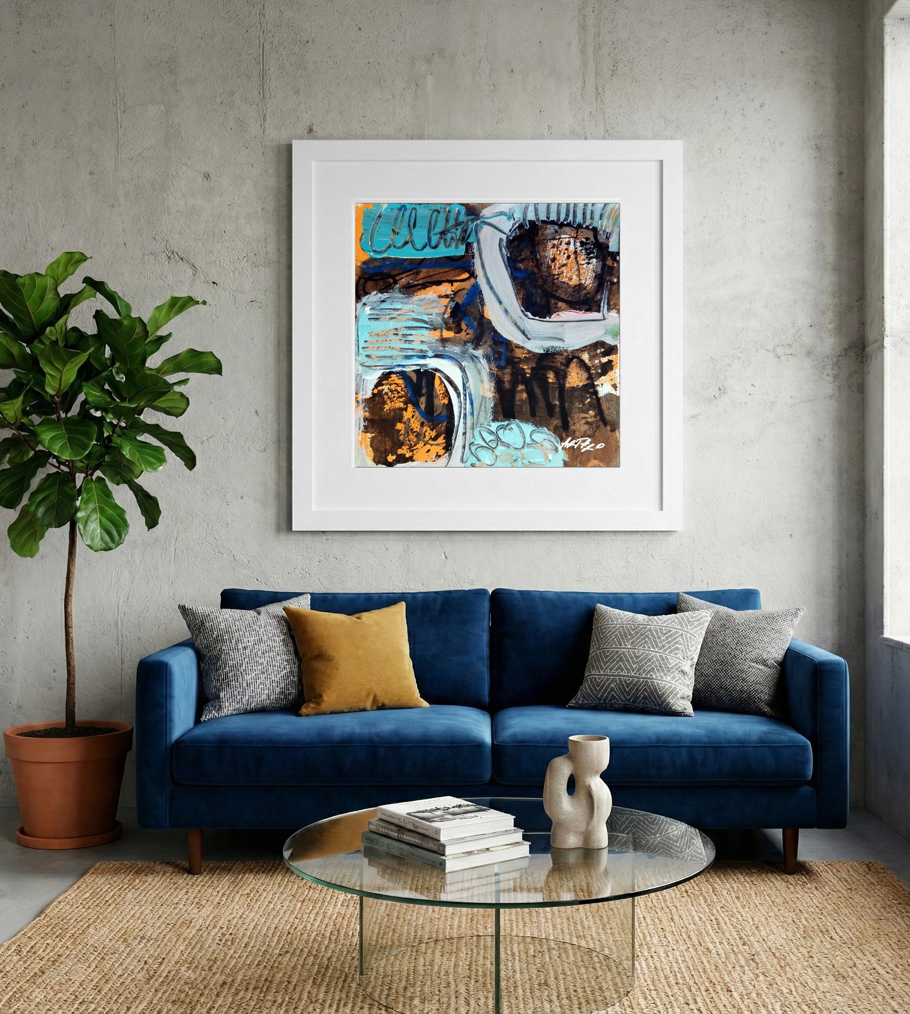 Turquoise and Ochre Organic Abstract on Paper — art on the wall, room interior preview 2