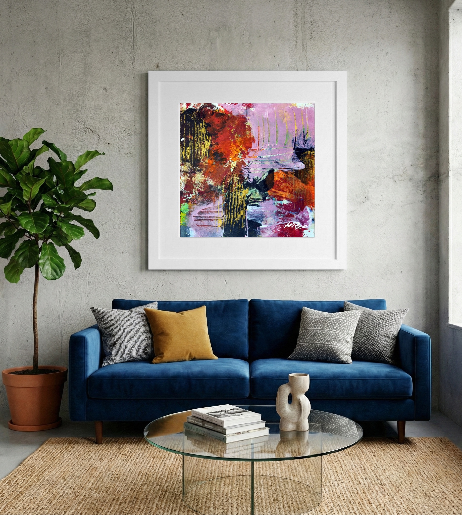 Crimson and Orange Acrylic Abstract on Paper — art on the wall, room interior preview 2