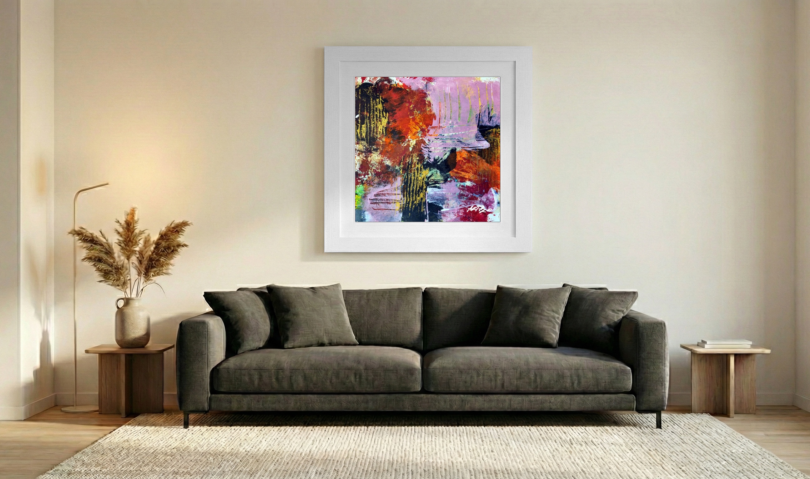 Crimson and Orange Acrylic Abstract on Paper — art on the wall, room interior preview 3