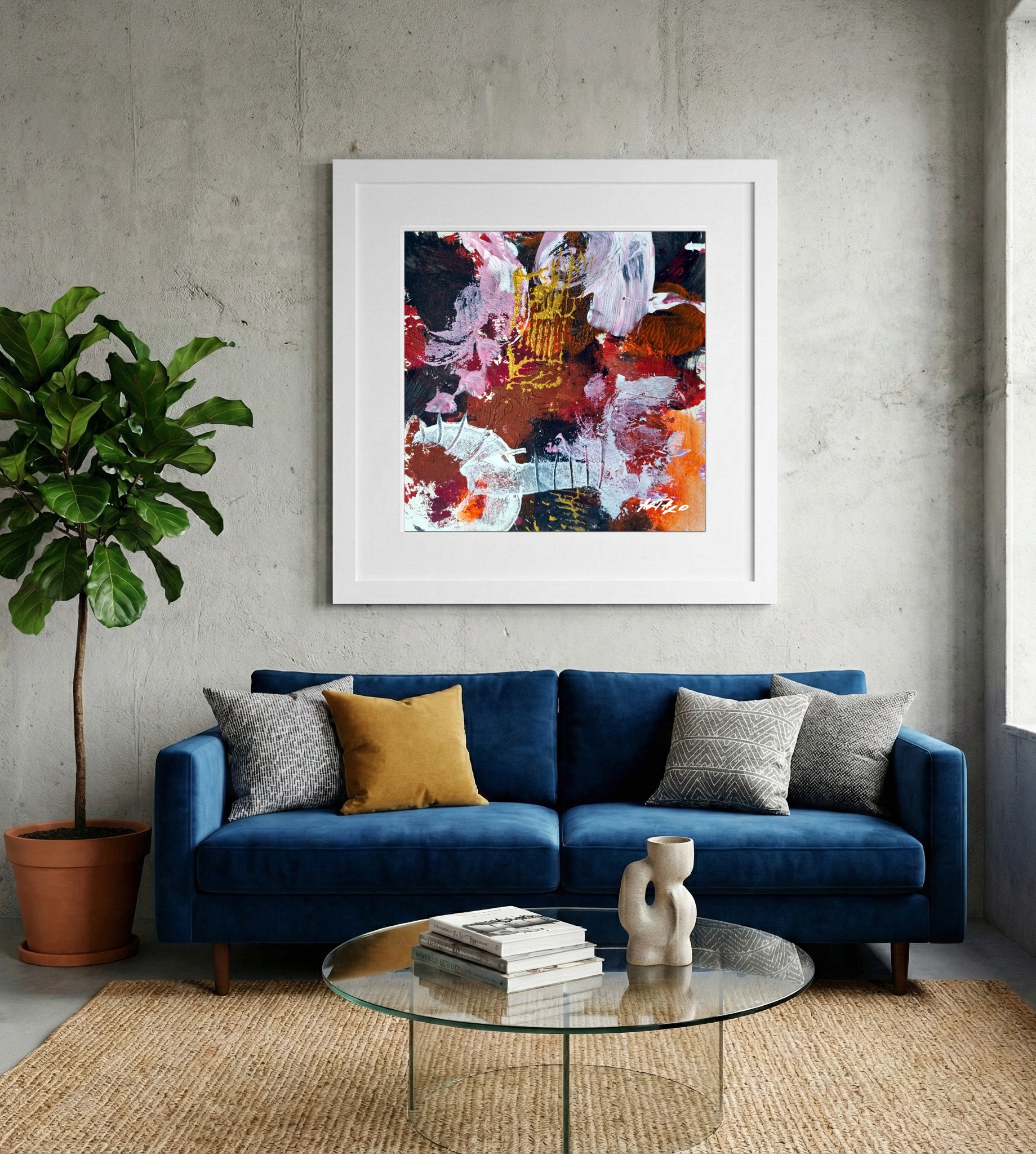Crimson and Gold Acrylic Abstract — art on the wall, room interior preview 2
