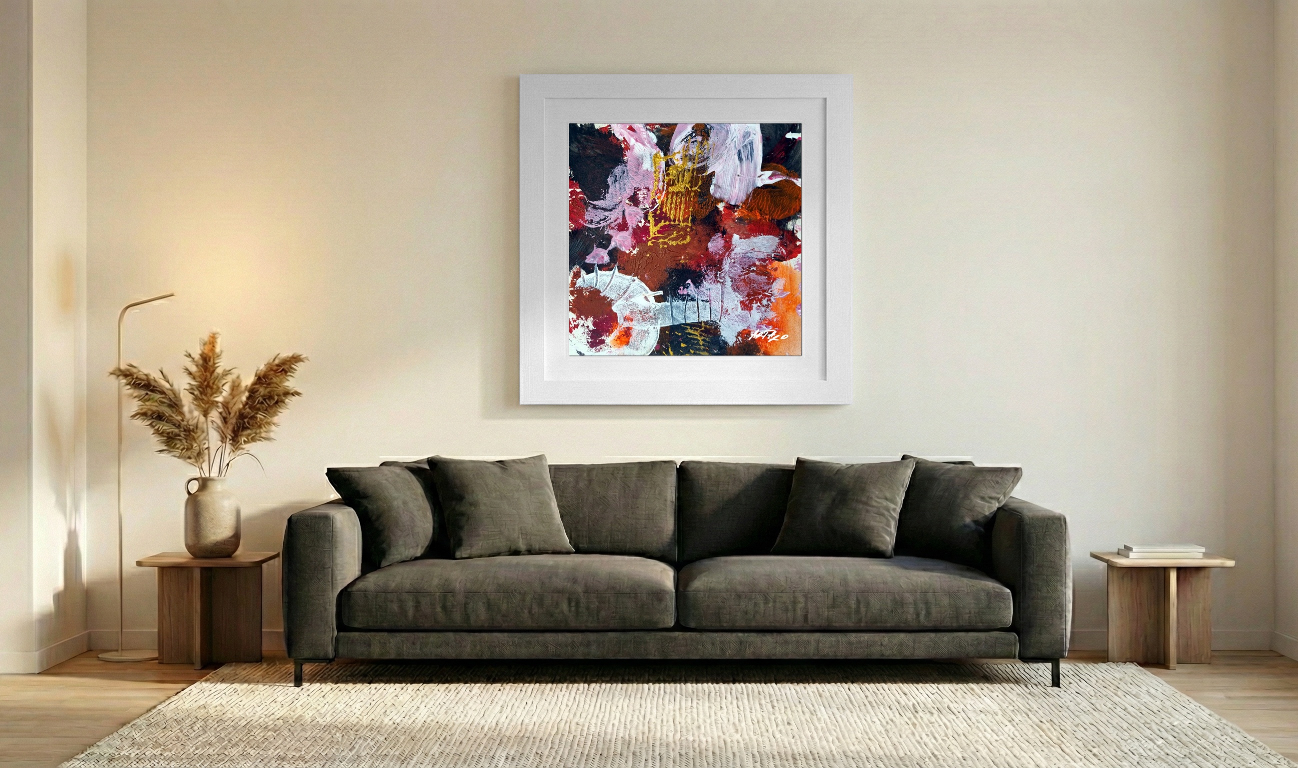 Crimson and Gold Acrylic Abstract — art on the wall, room interior preview 3