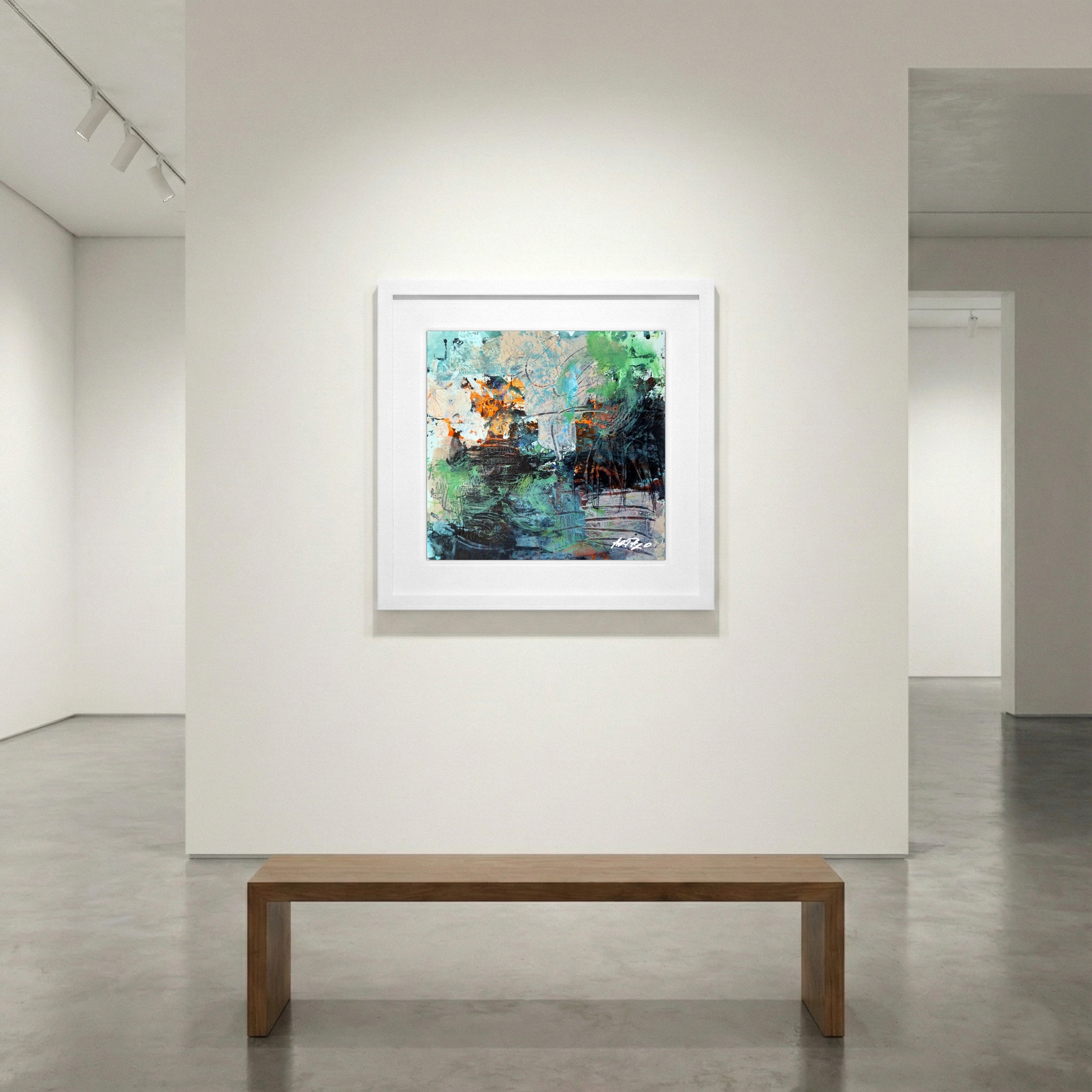 Aqua Green and Burnt Orange Acrylic on Paper — art on the wall, room interior preview 1