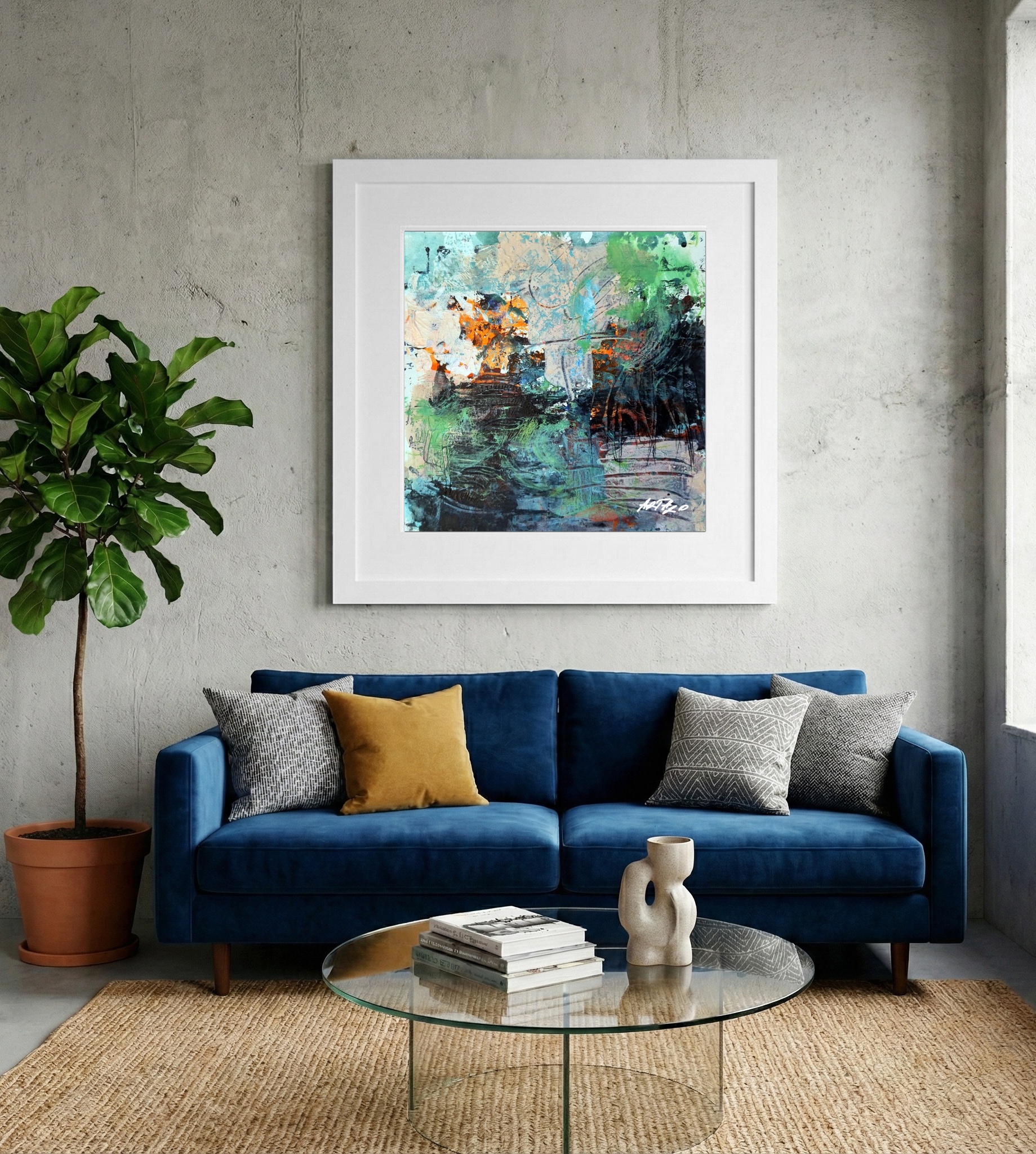 Aqua Green and Burnt Orange Acrylic on Paper — art on the wall, room interior preview 2