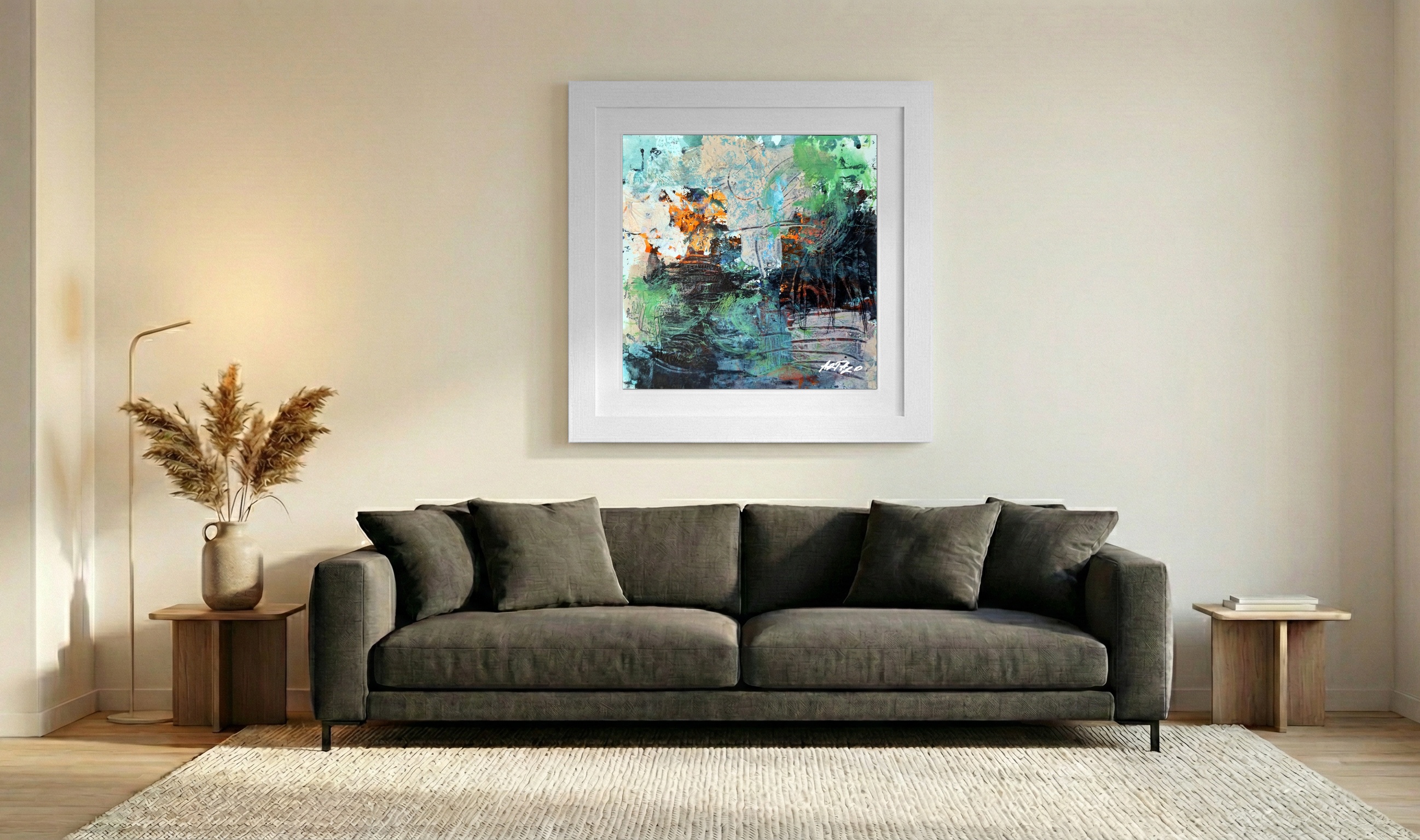 Aqua Green and Burnt Orange Acrylic on Paper — art on the wall, room interior preview 3