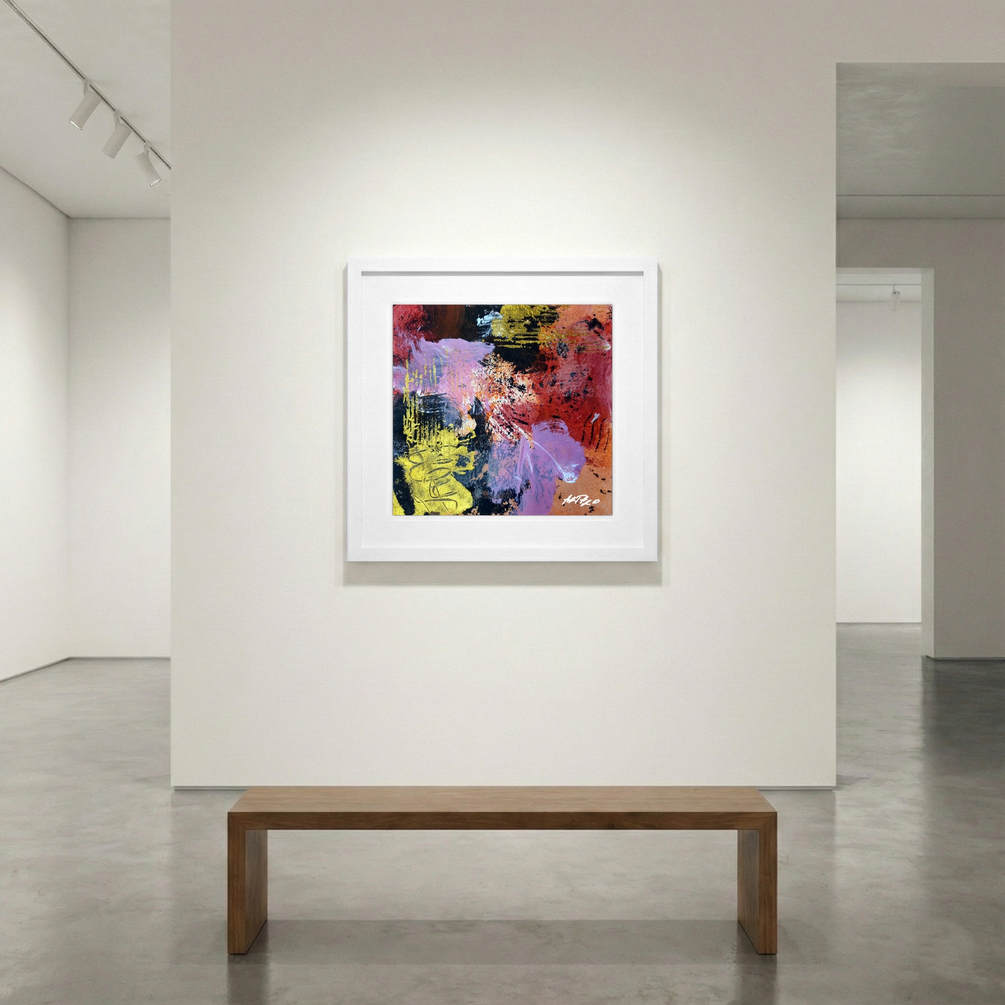 Crimson and Gold Abstract Acrylic on Paper — art on the wall, room interior preview 1