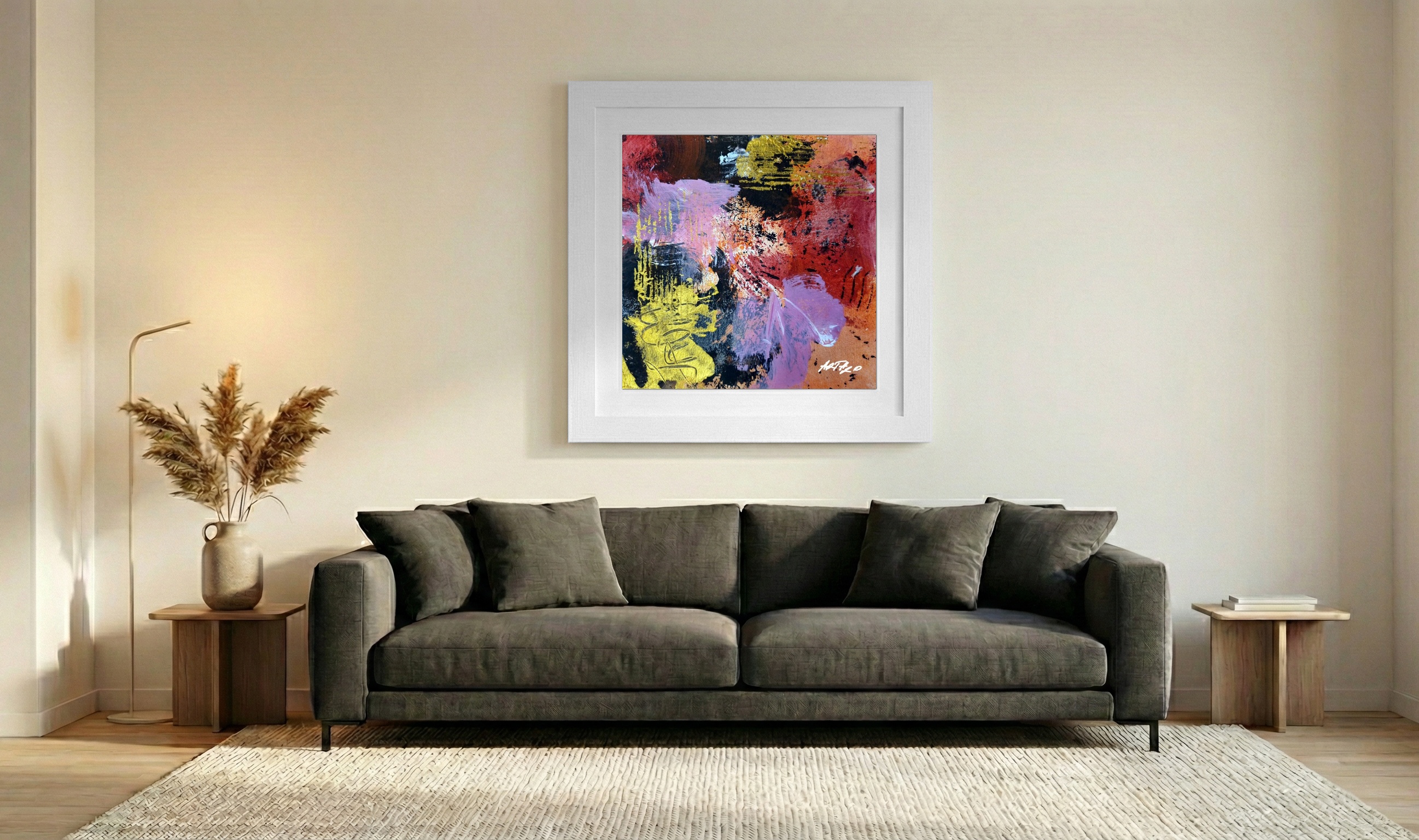 Crimson and Gold Abstract Acrylic on Paper — art on the wall, room interior preview 3