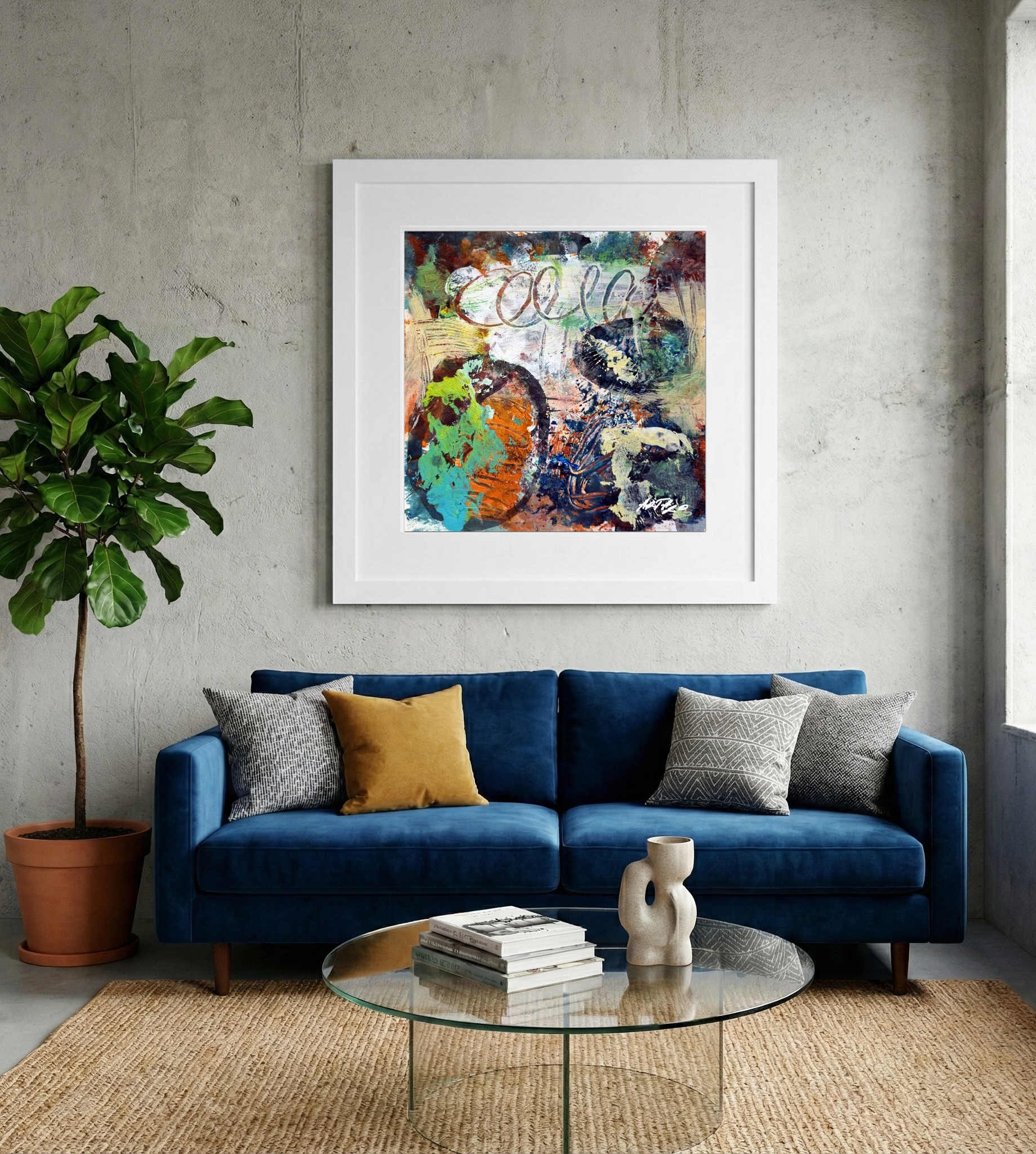 Teal and Rust Swirls on Paper — art on the wall, room interior preview 2