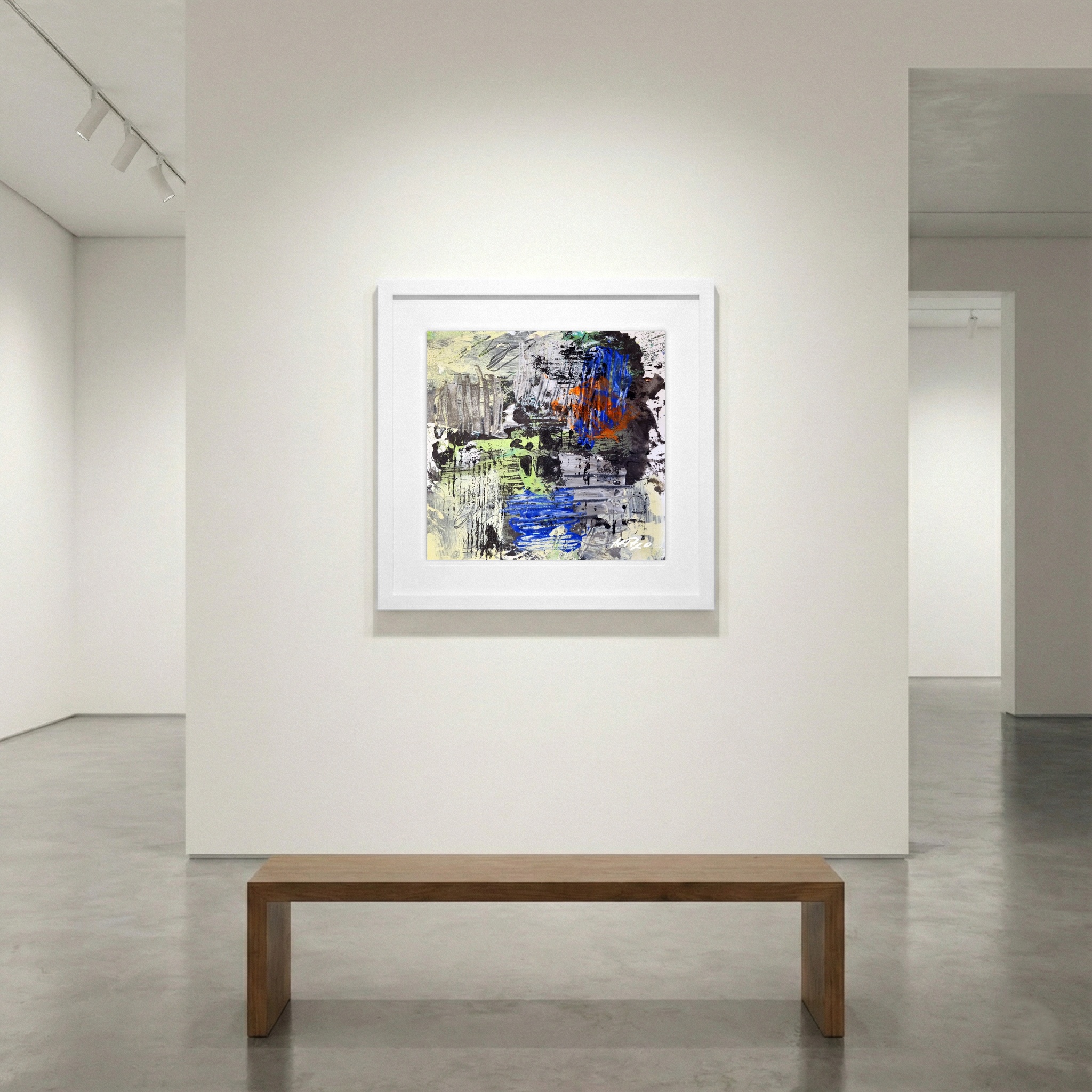 Cerulean and Fiery Orange Abstract on Paper — art on the wall, room interior preview 1