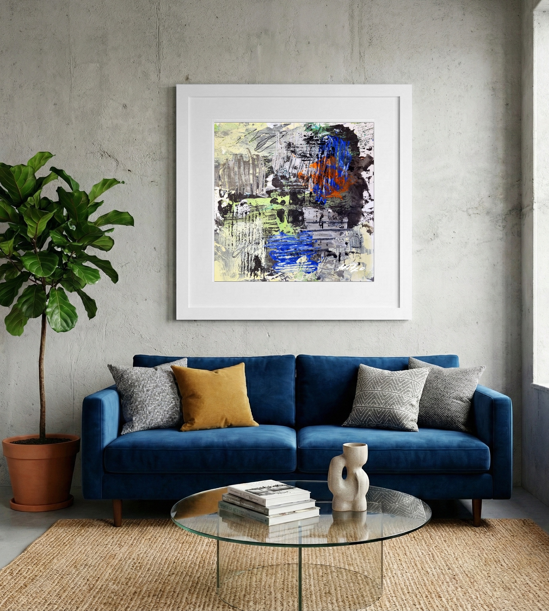 Cerulean and Fiery Orange Abstract on Paper — art on the wall, room interior preview 2