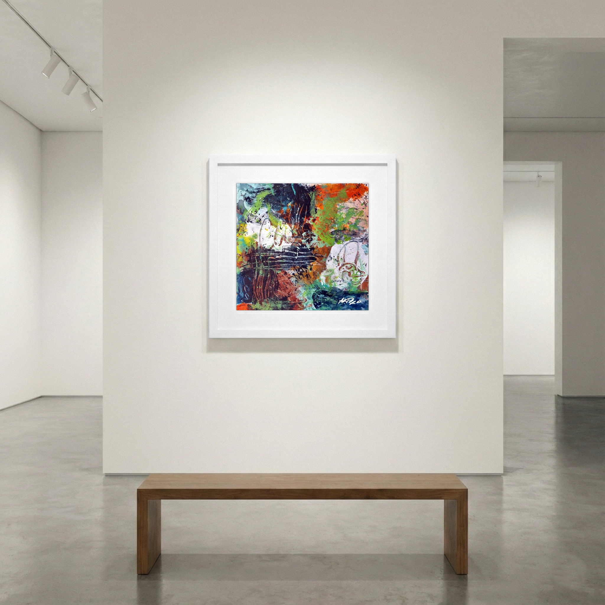 Spring Green and Orange Acrylic on Paper — art on the wall, room interior preview 1