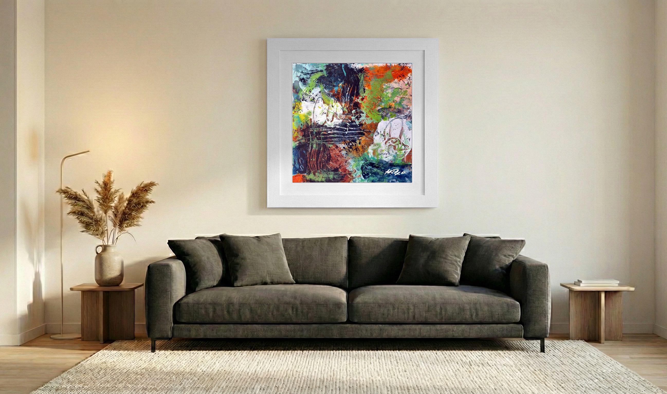 Spring Green and Orange Acrylic on Paper — art on the wall, room interior preview 3