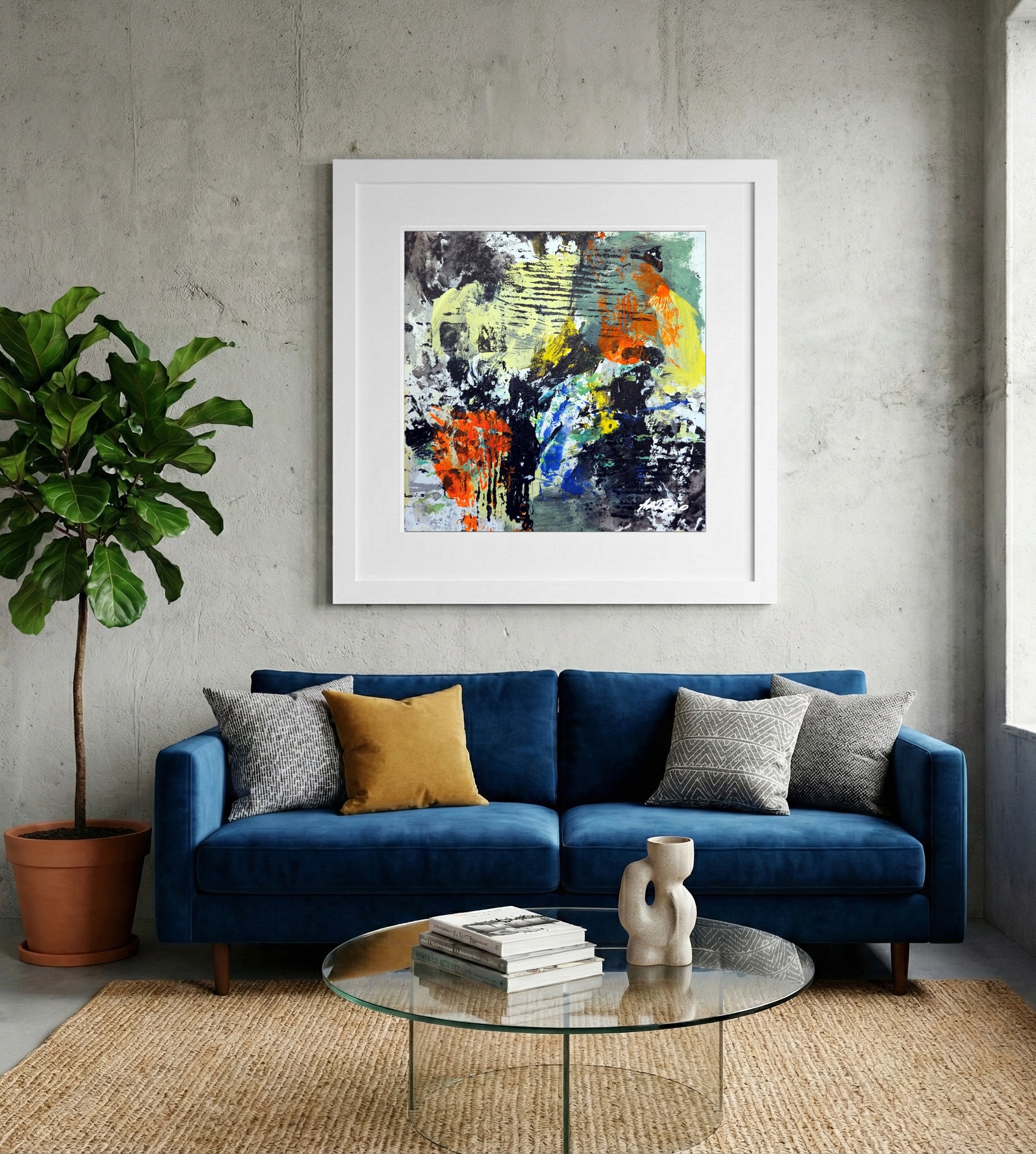 Bright Orange and Deep Blue Abstract on Paper — art on the wall, room interior preview 2