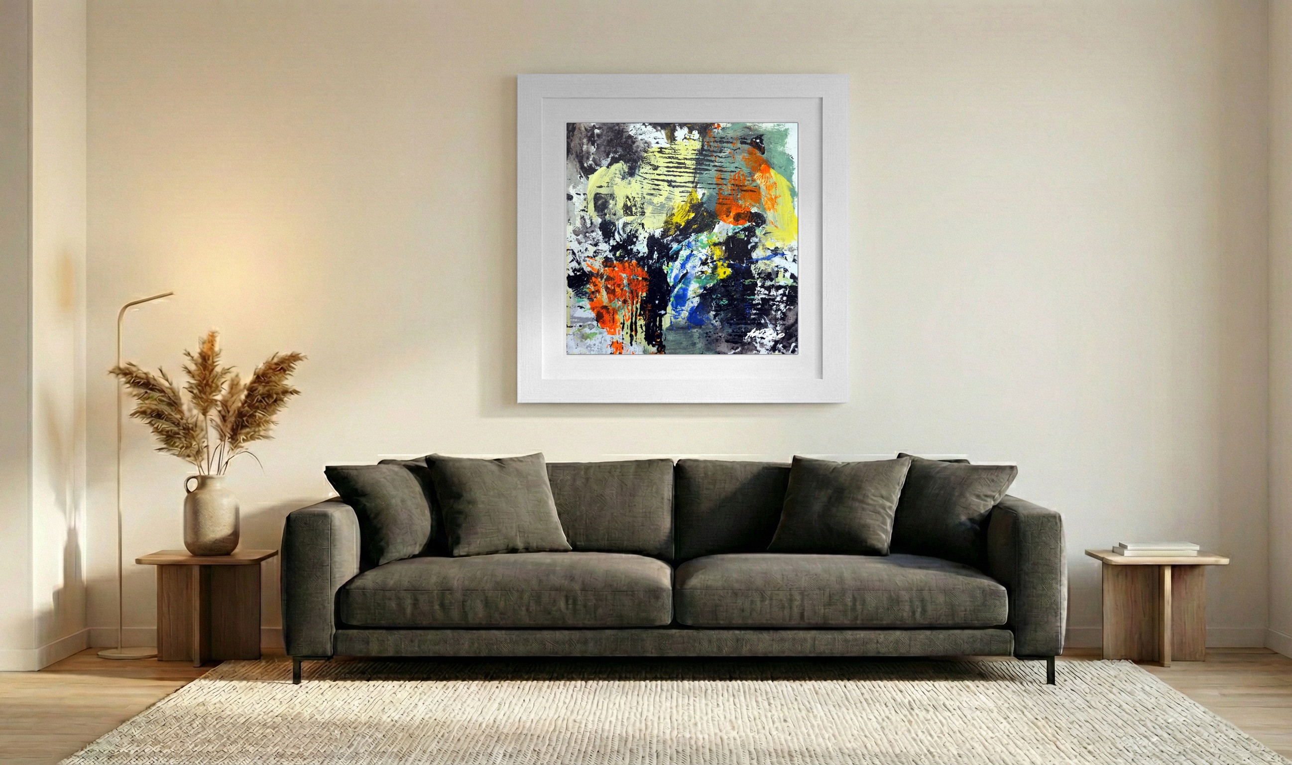Bright Orange and Deep Blue Abstract on Paper — art on the wall, room interior preview 3