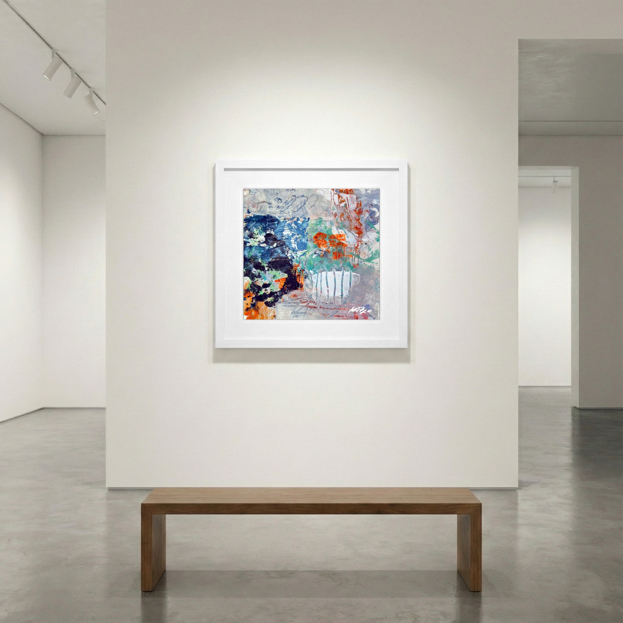 Fiery Orange and Blue Abstract on Paper — art on the wall, room interior preview 1