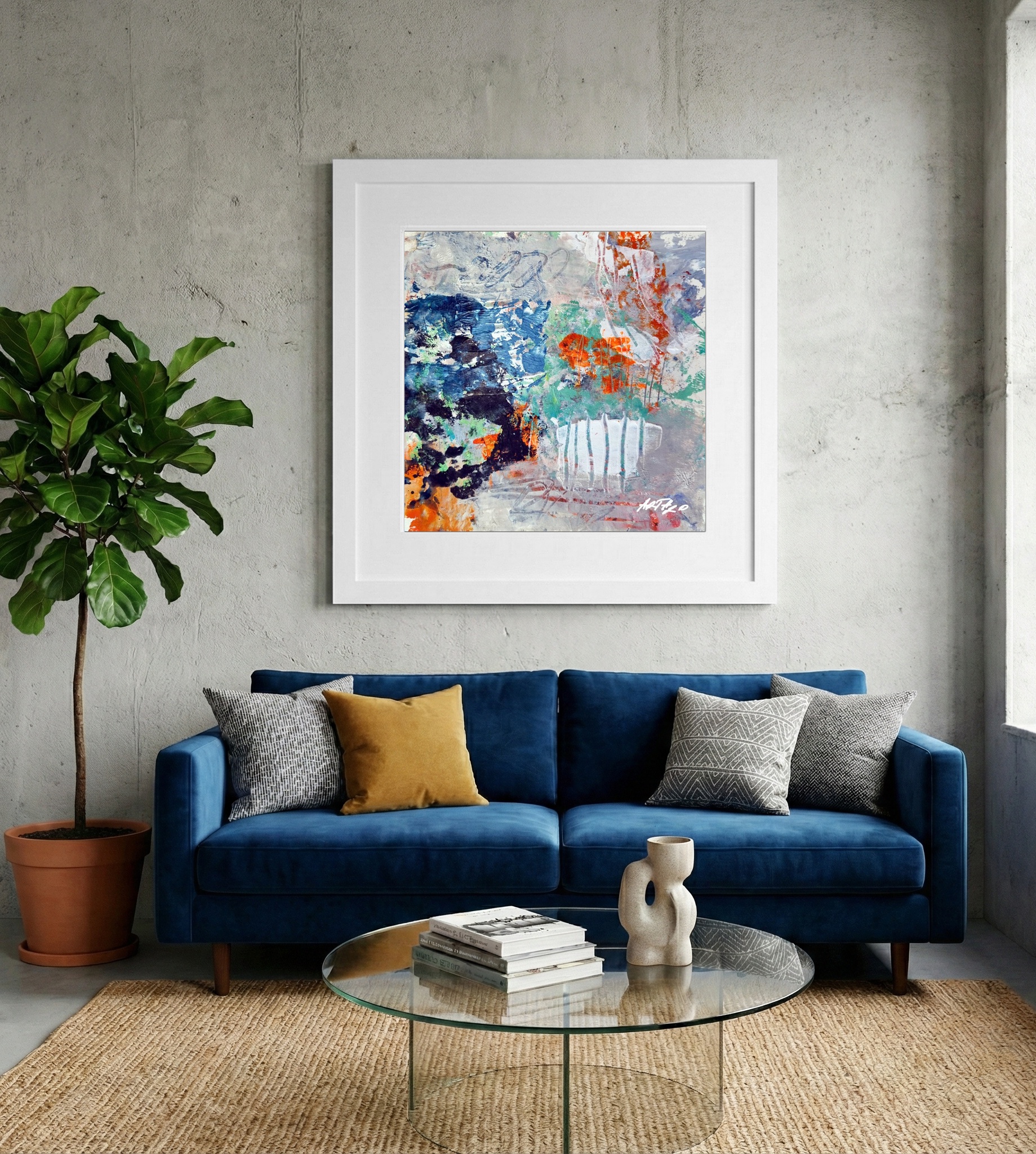 Fiery Orange and Blue Abstract on Paper — art on the wall, room interior preview 2