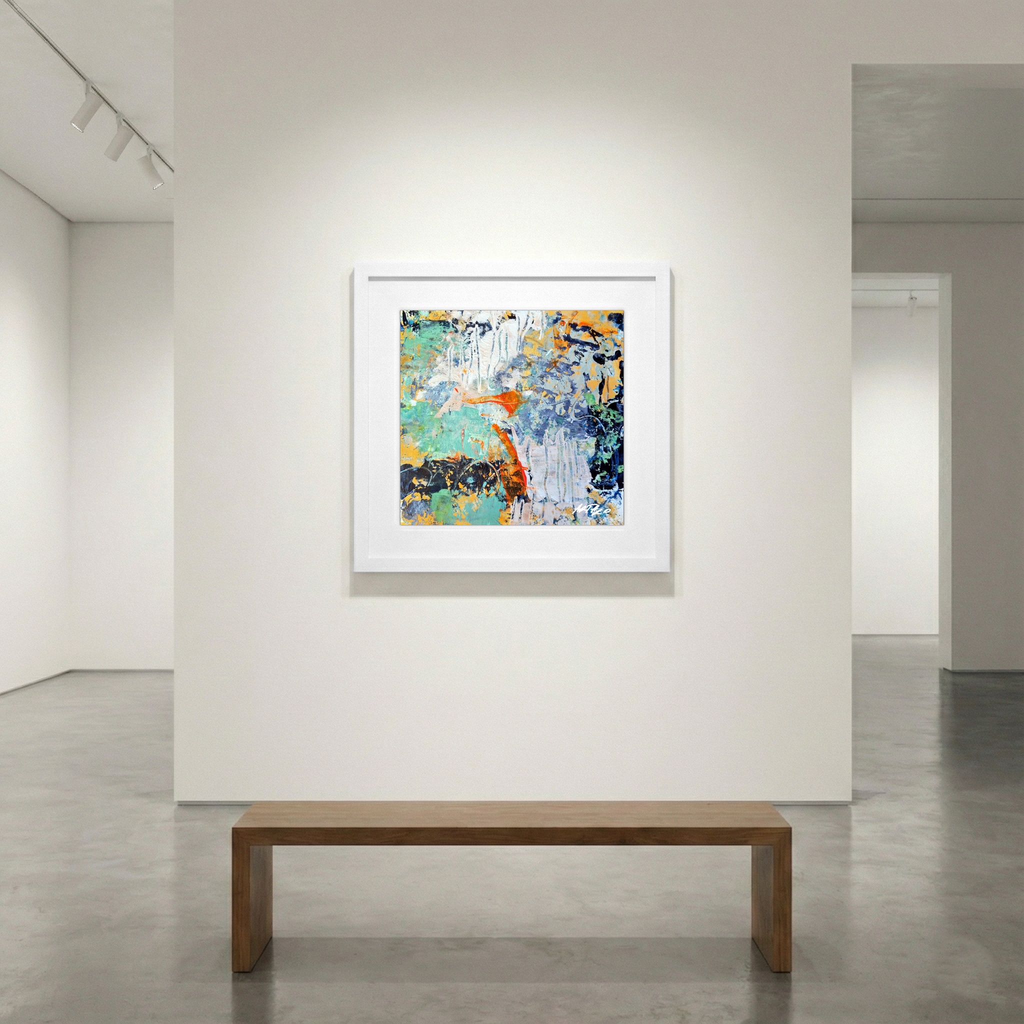 Aqua and Fiery Orange Abstract on Paper — art on the wall, room interior preview 1