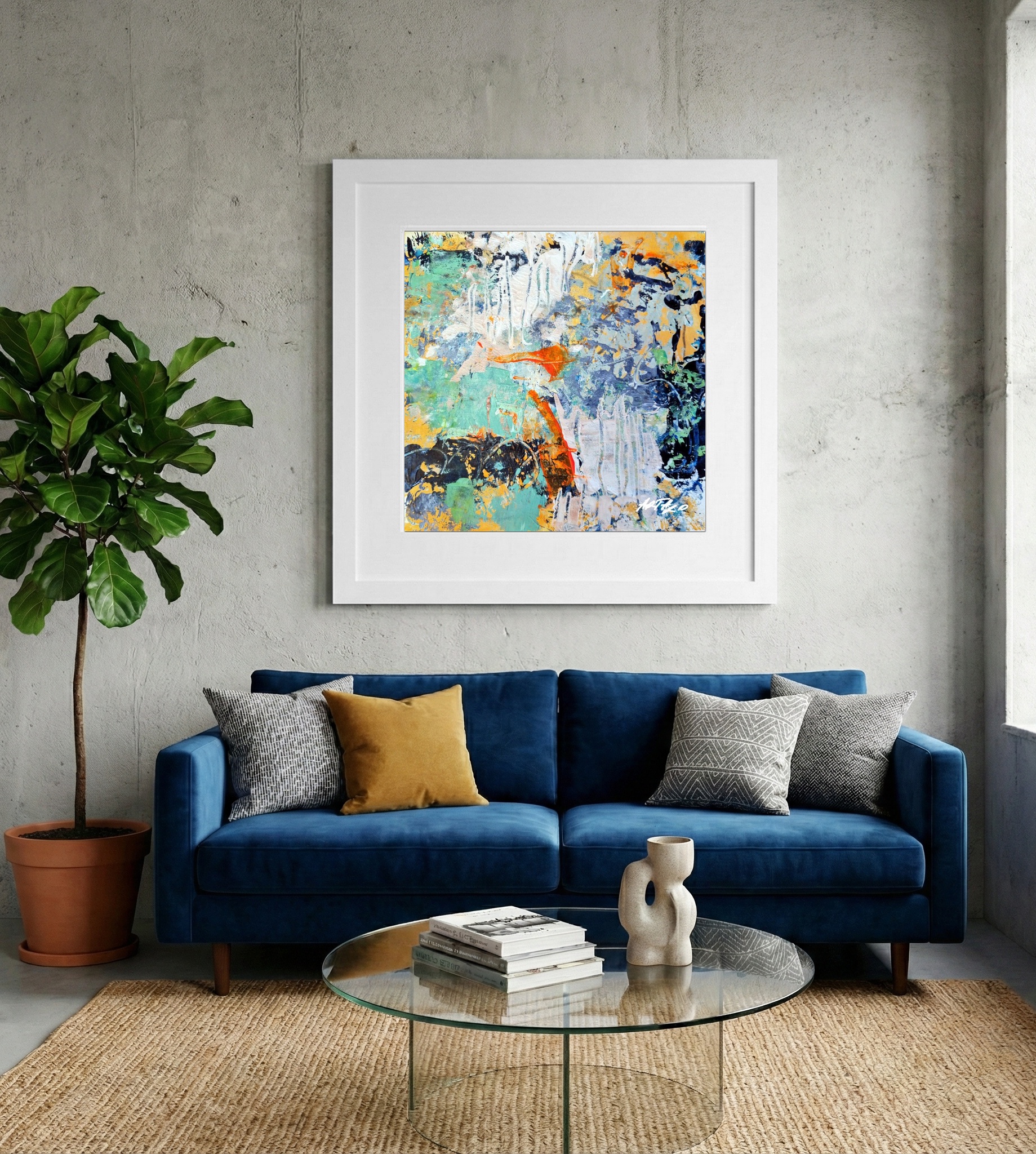 Aqua and Fiery Orange Abstract on Paper — art on the wall, room interior preview 2