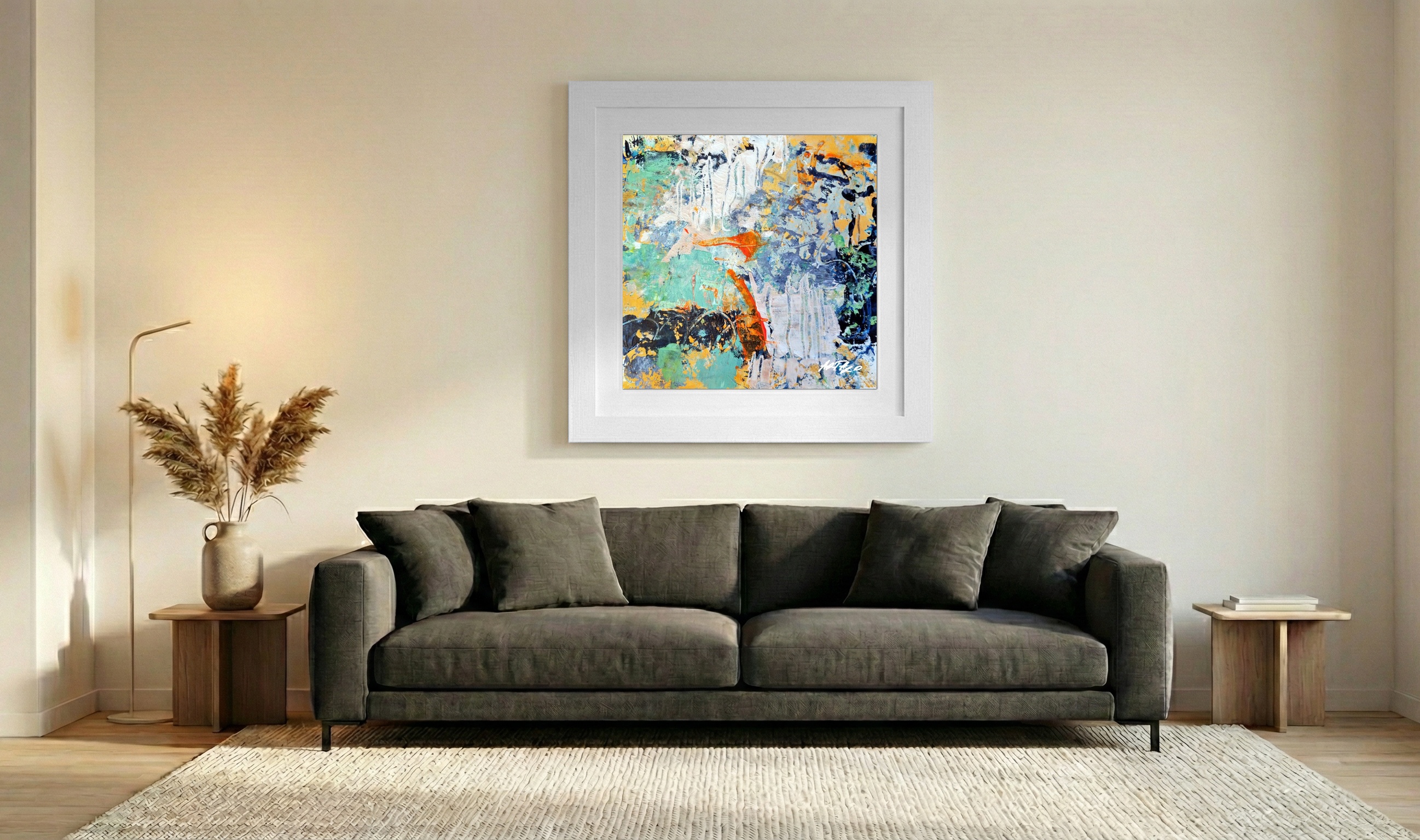 Aqua and Fiery Orange Abstract on Paper — art on the wall, room interior preview 3