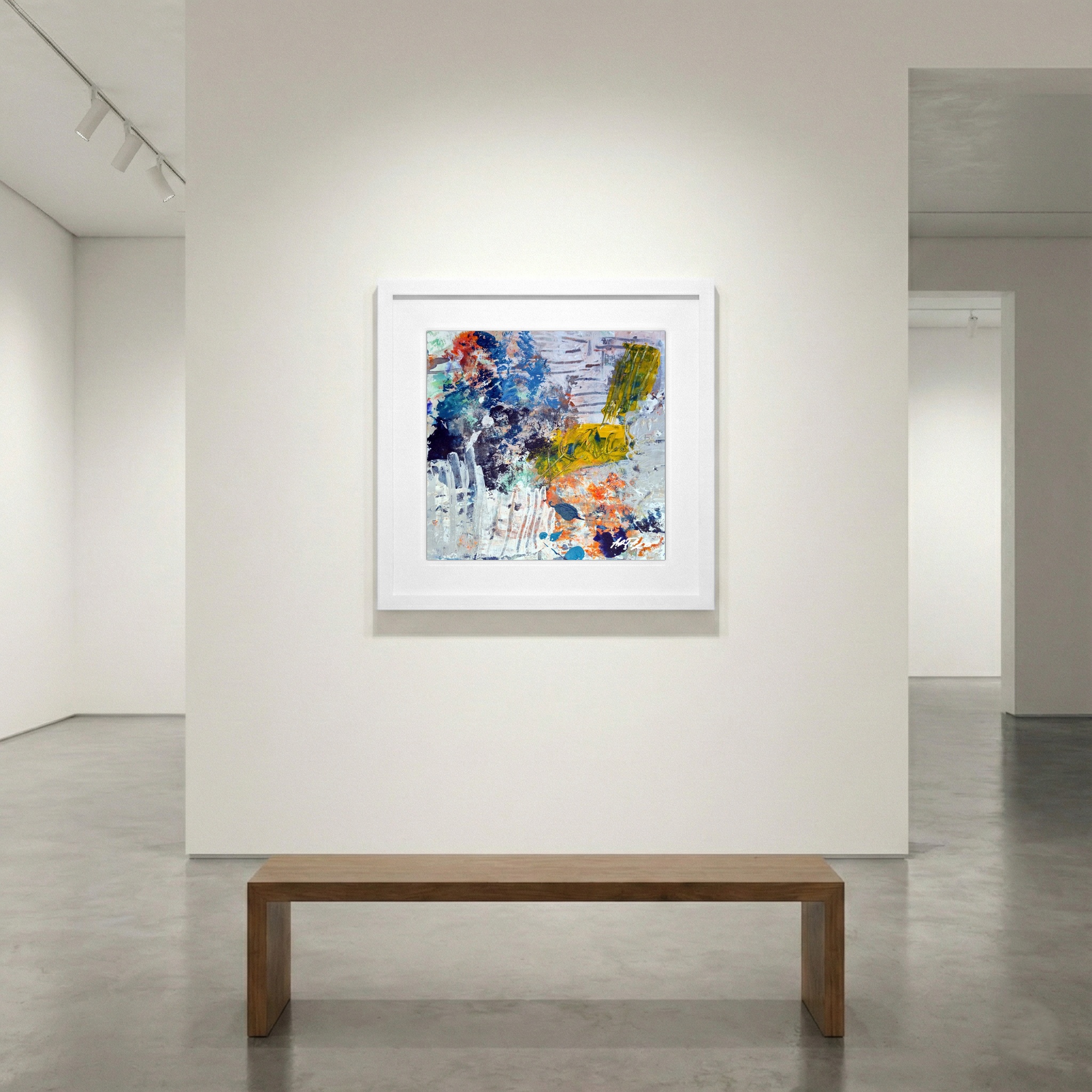 Bright Yellow and Blue Acrylic Abstract — art on the wall, room interior preview 1