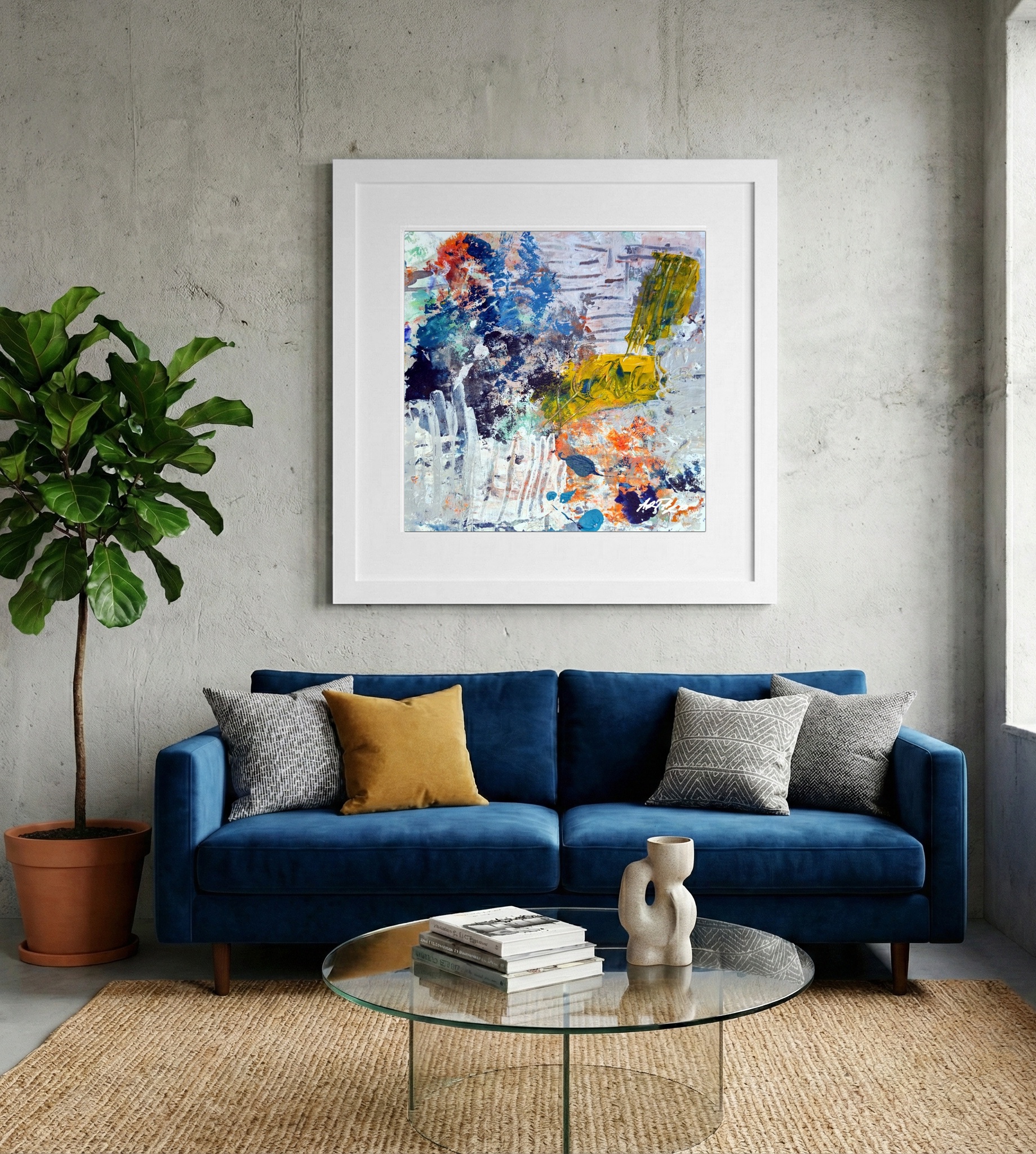 Bright Yellow and Blue Acrylic Abstract — art on the wall, room interior preview 2