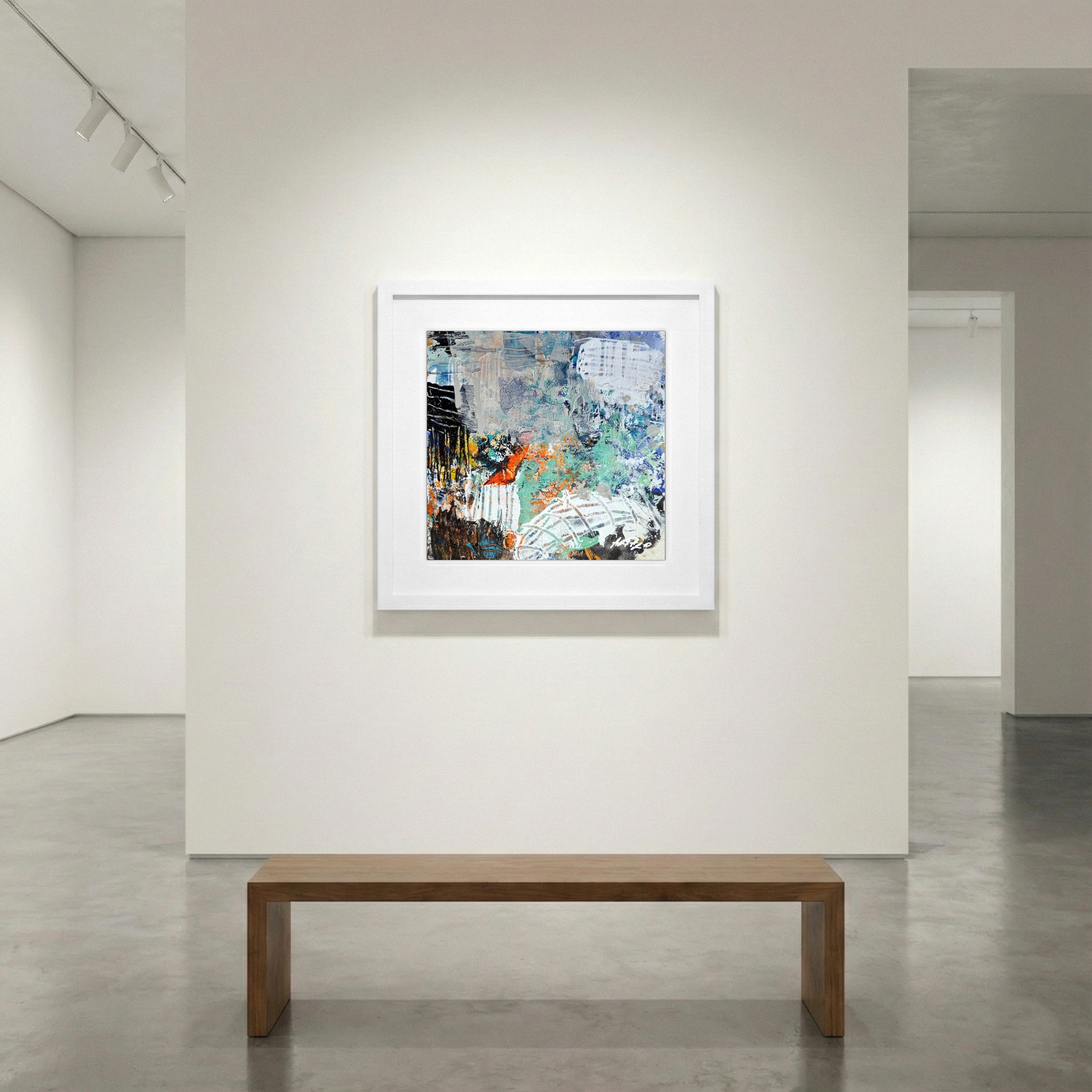 Teal and Burnt Orange Abstract on Paper — art on the wall, room interior preview 1