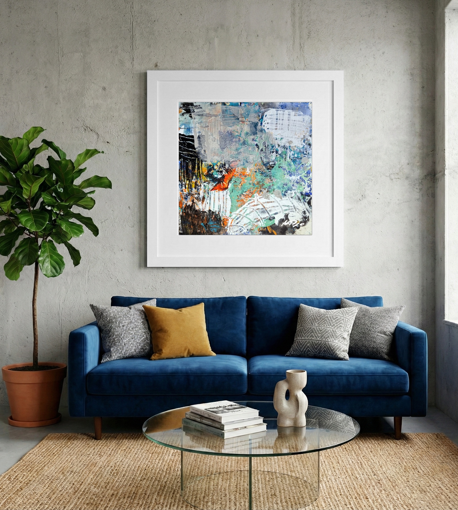 Teal and Burnt Orange Abstract on Paper — art on the wall, room interior preview 2